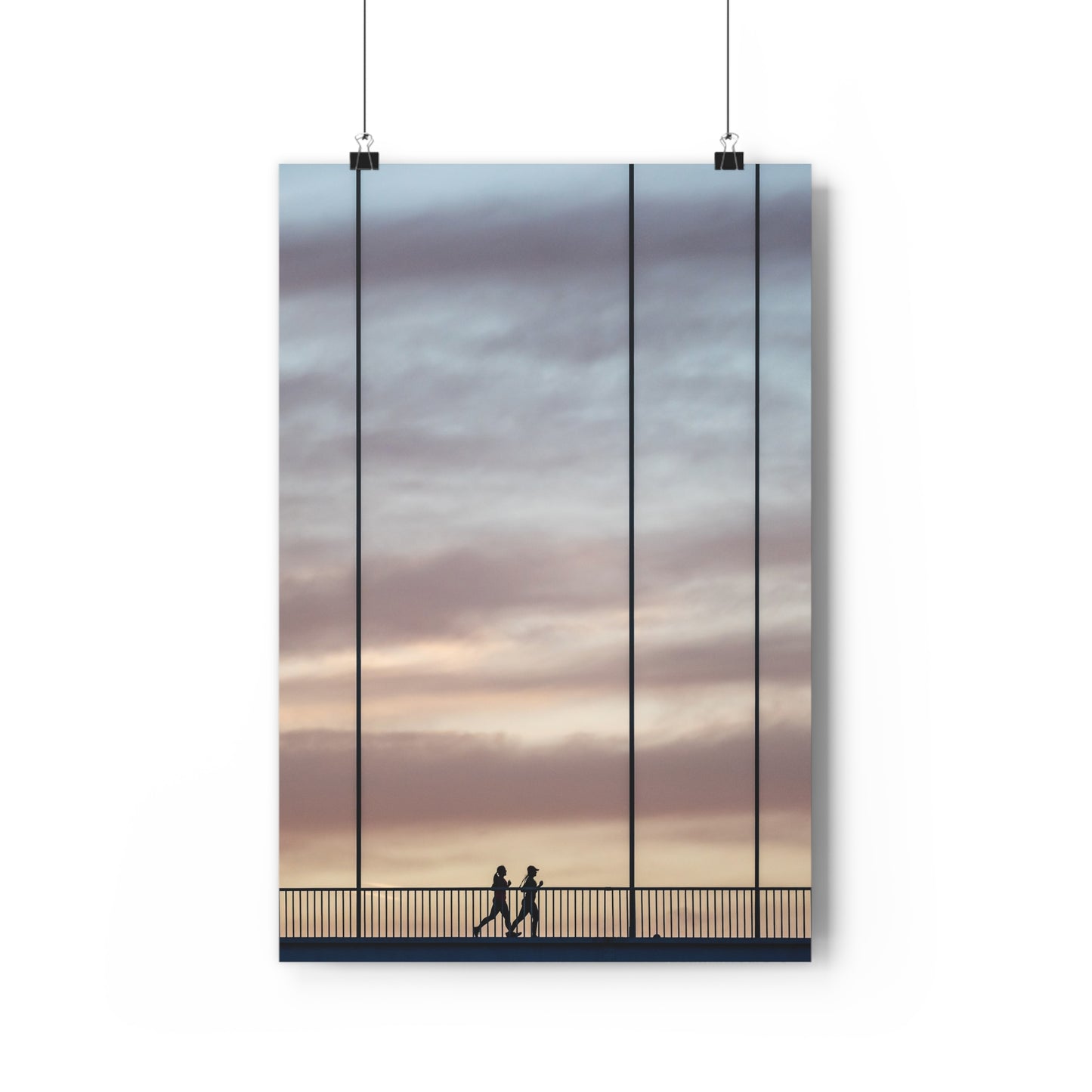 Art Print - Cloudy Sunset Two Girls Running on Bridge