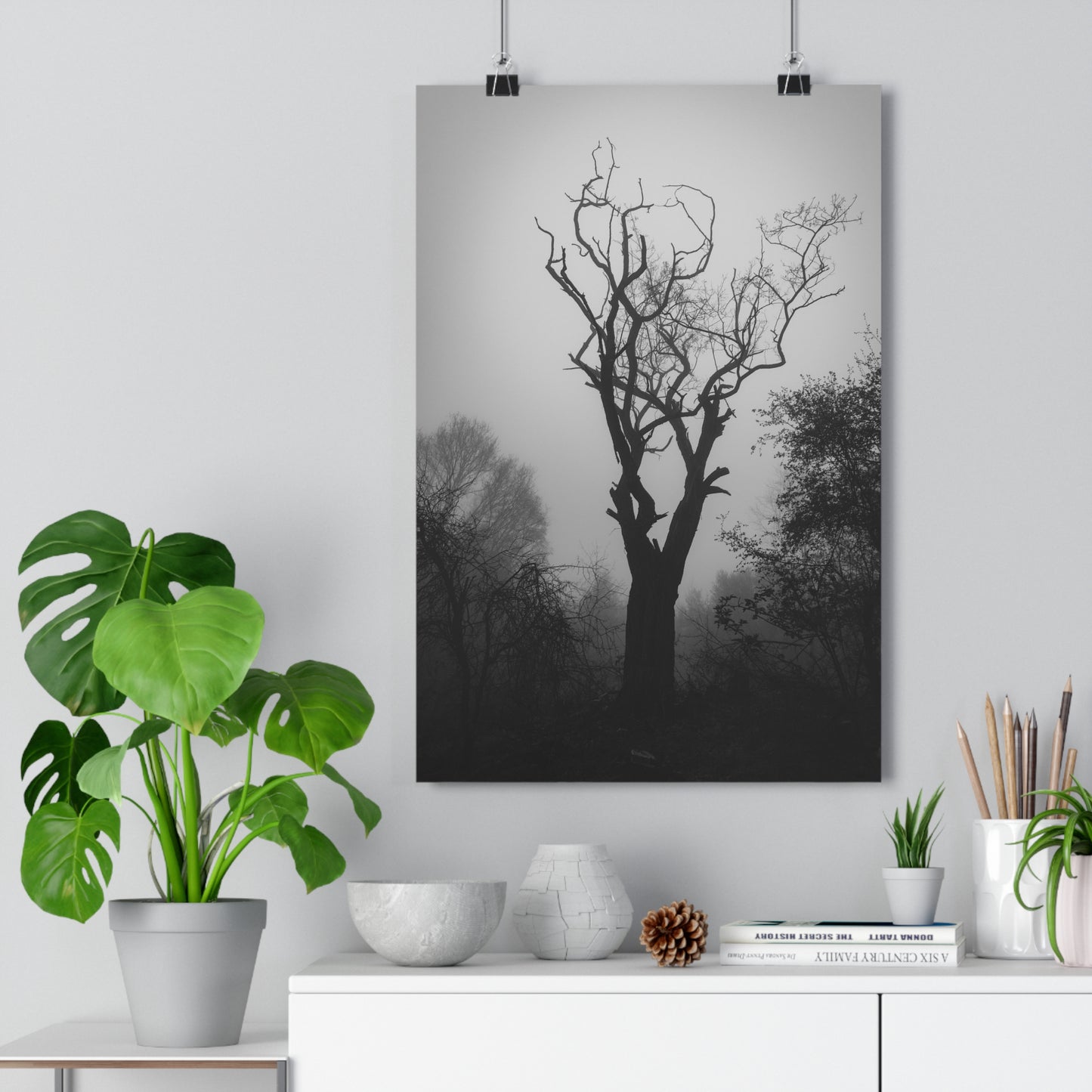 Giclée Art Print, Black and White Photo, Tree Silhouette Wall Decor, Foggy Weather Landscape, Nature Photography Poster, Home Office