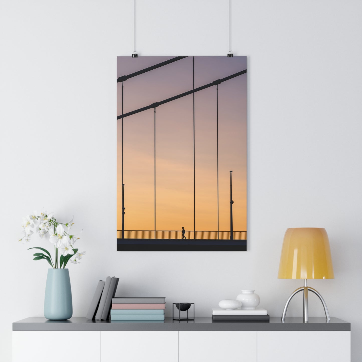 Art Print - Man Walking Alone on Bridge at Sunset