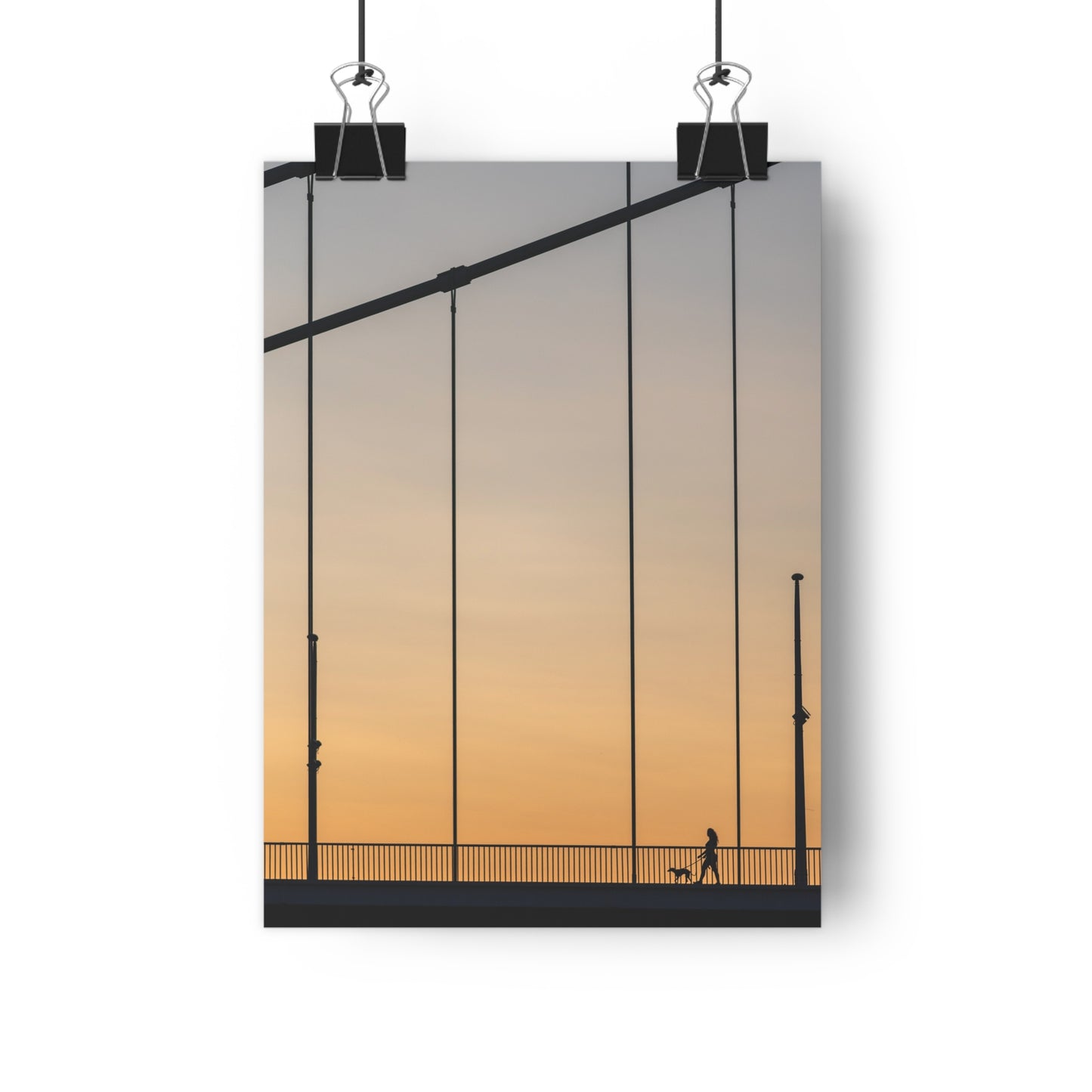 Art Print, Girl Walking Dog on Bridge at Sunset, Wall Decor, Home Decor, Modern Art, Gift for Her, Bedroom Decor, Office Decor
