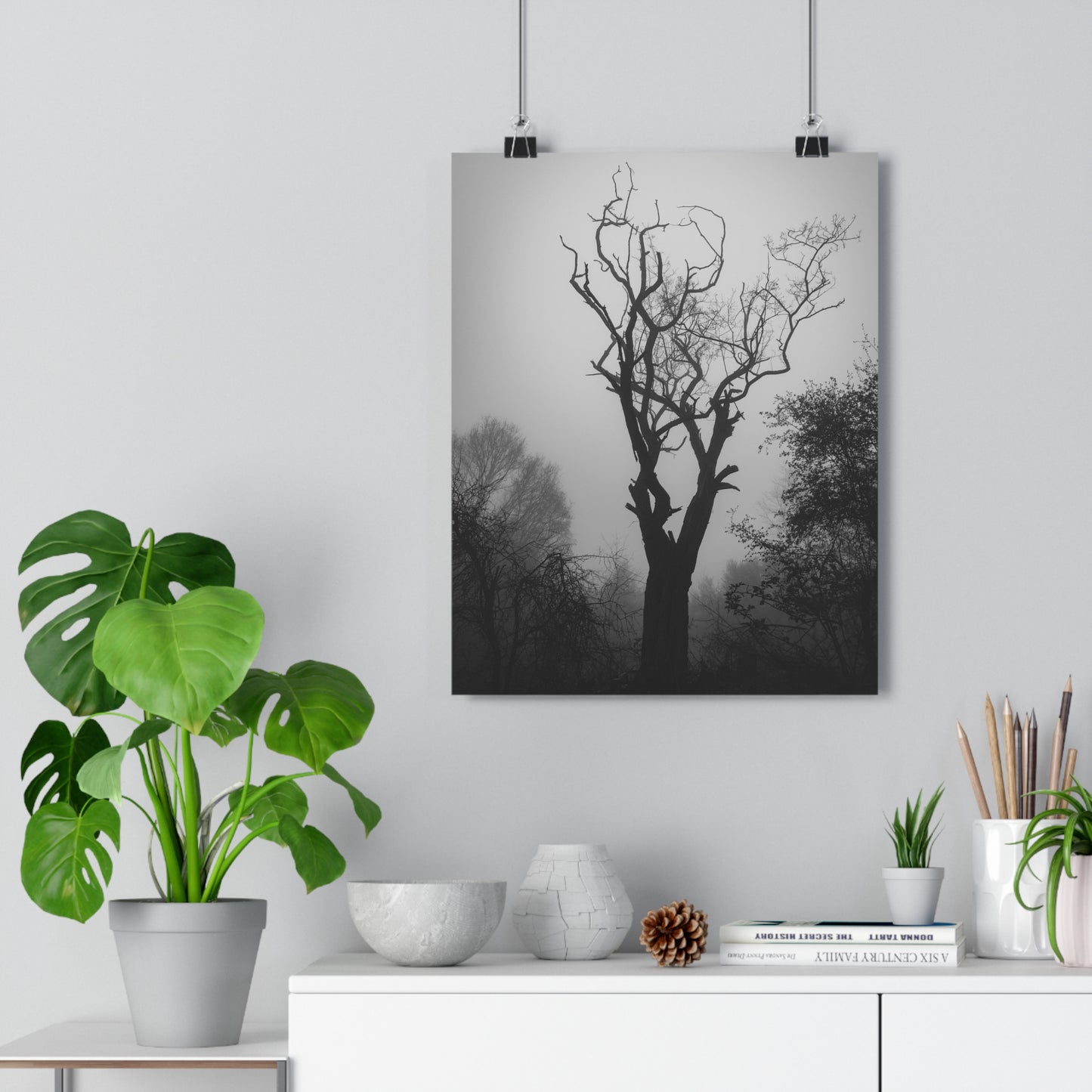 Giclée Art Print, Black and White Photo, Tree Silhouette Wall Decor, Foggy Weather Landscape, Nature Photography Poster, Home Office
