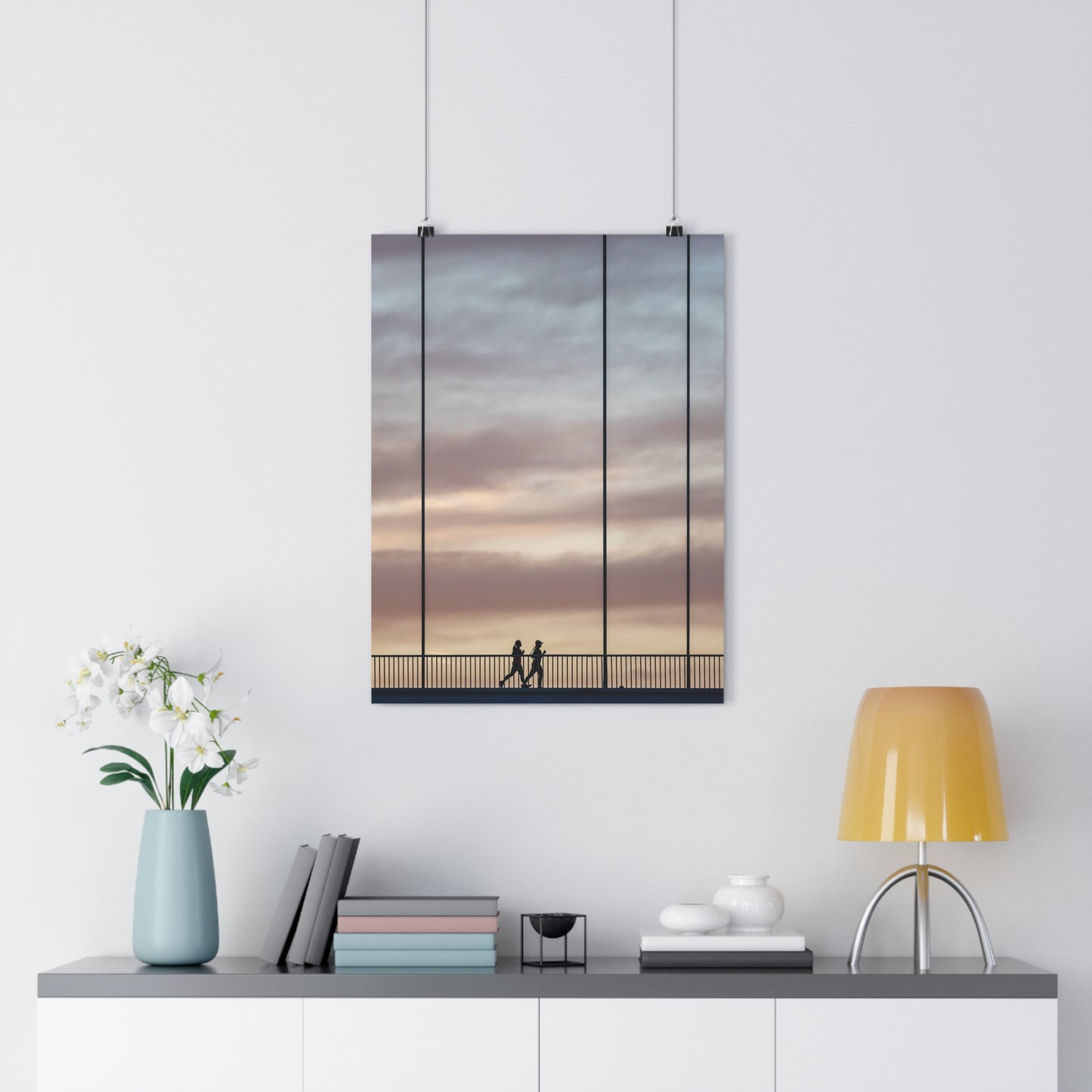 Art Print - Cloudy Sunset Two Girls Running on Bridge