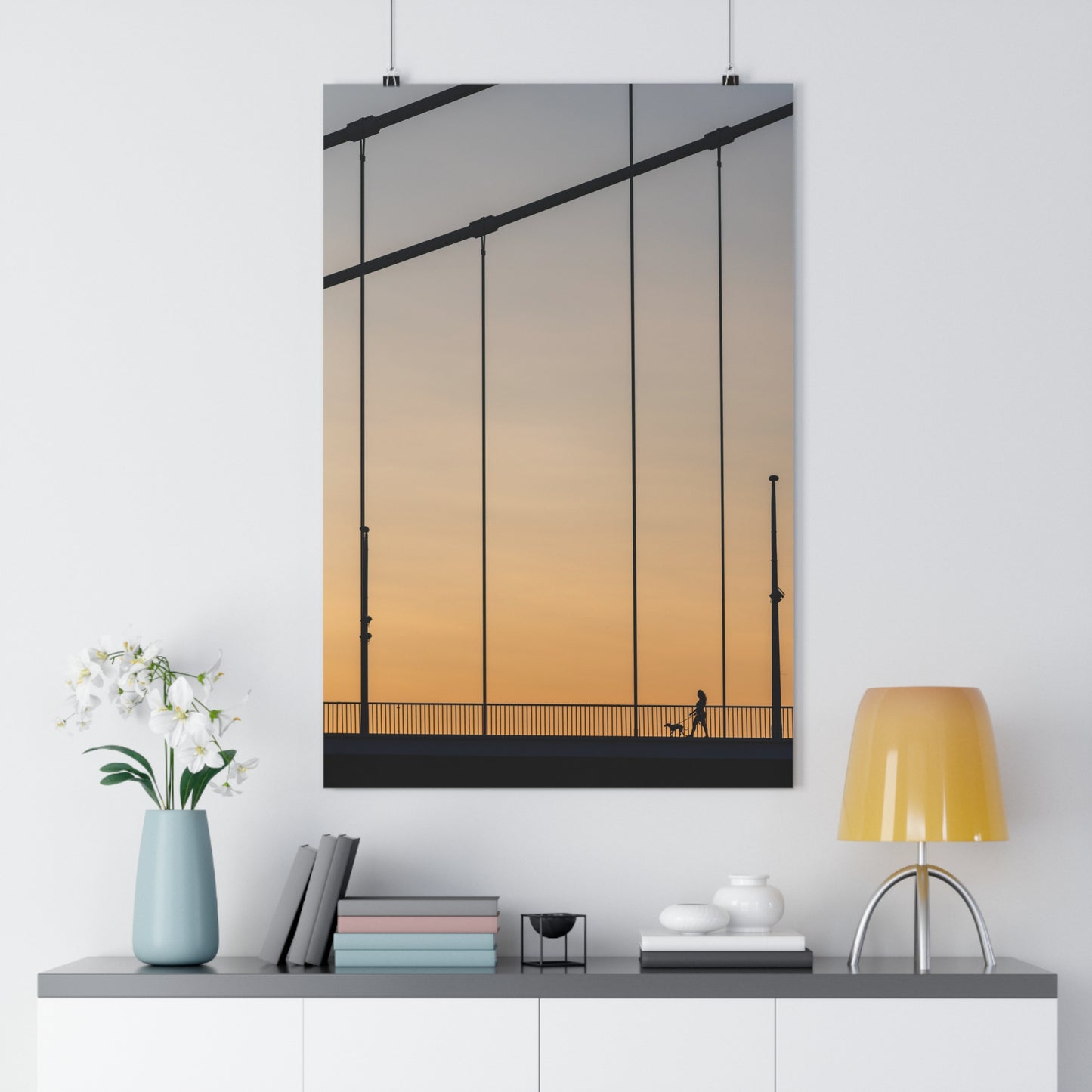 Art Print, Girl Walking Dog on Bridge at Sunset, Wall Decor, Home Decor, Modern Art, Gift for Her, Bedroom Decor, Office Decor