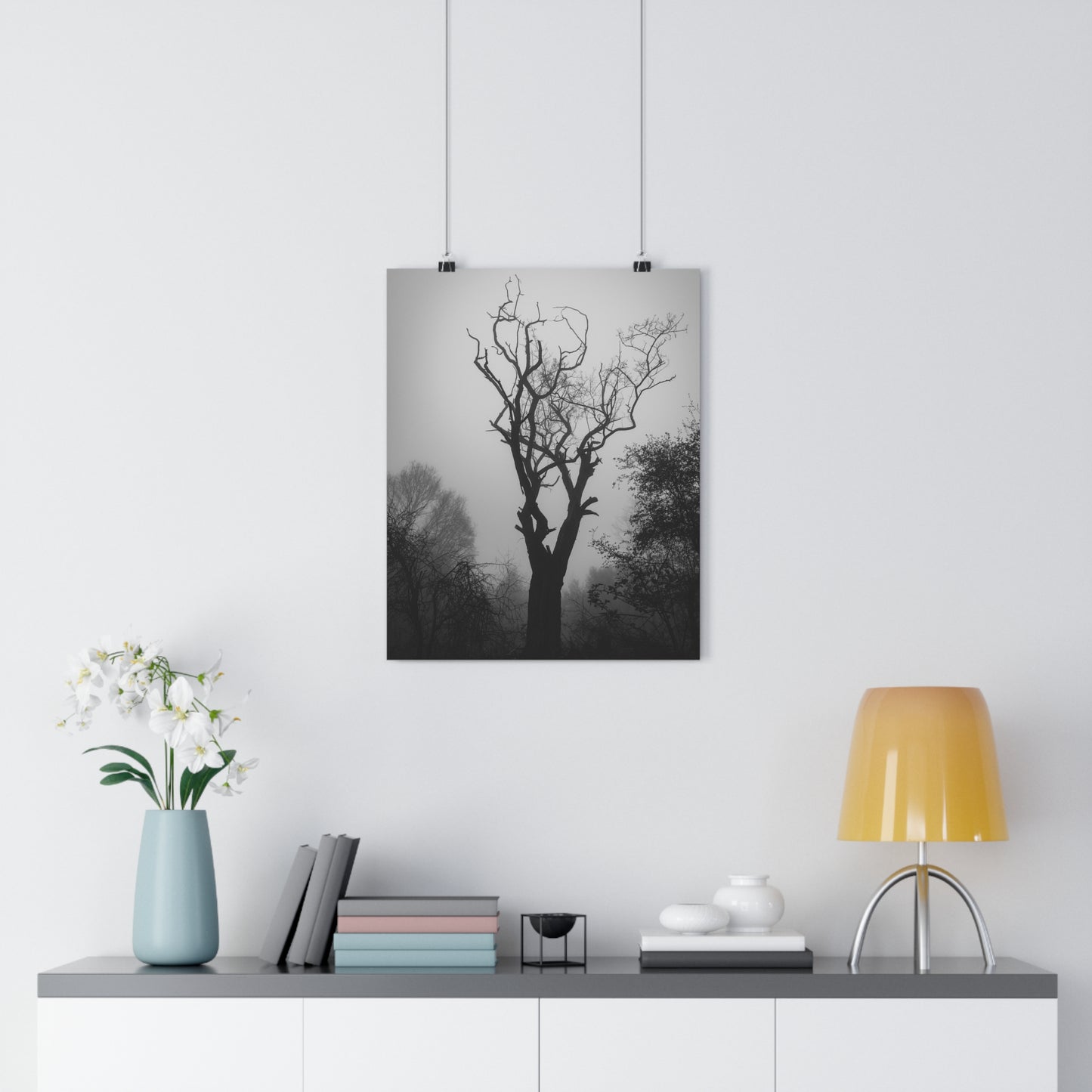 Giclée Art Print, Black and White Photo, Tree Silhouette Wall Decor, Foggy Weather Landscape, Nature Photography Poster, Home Office