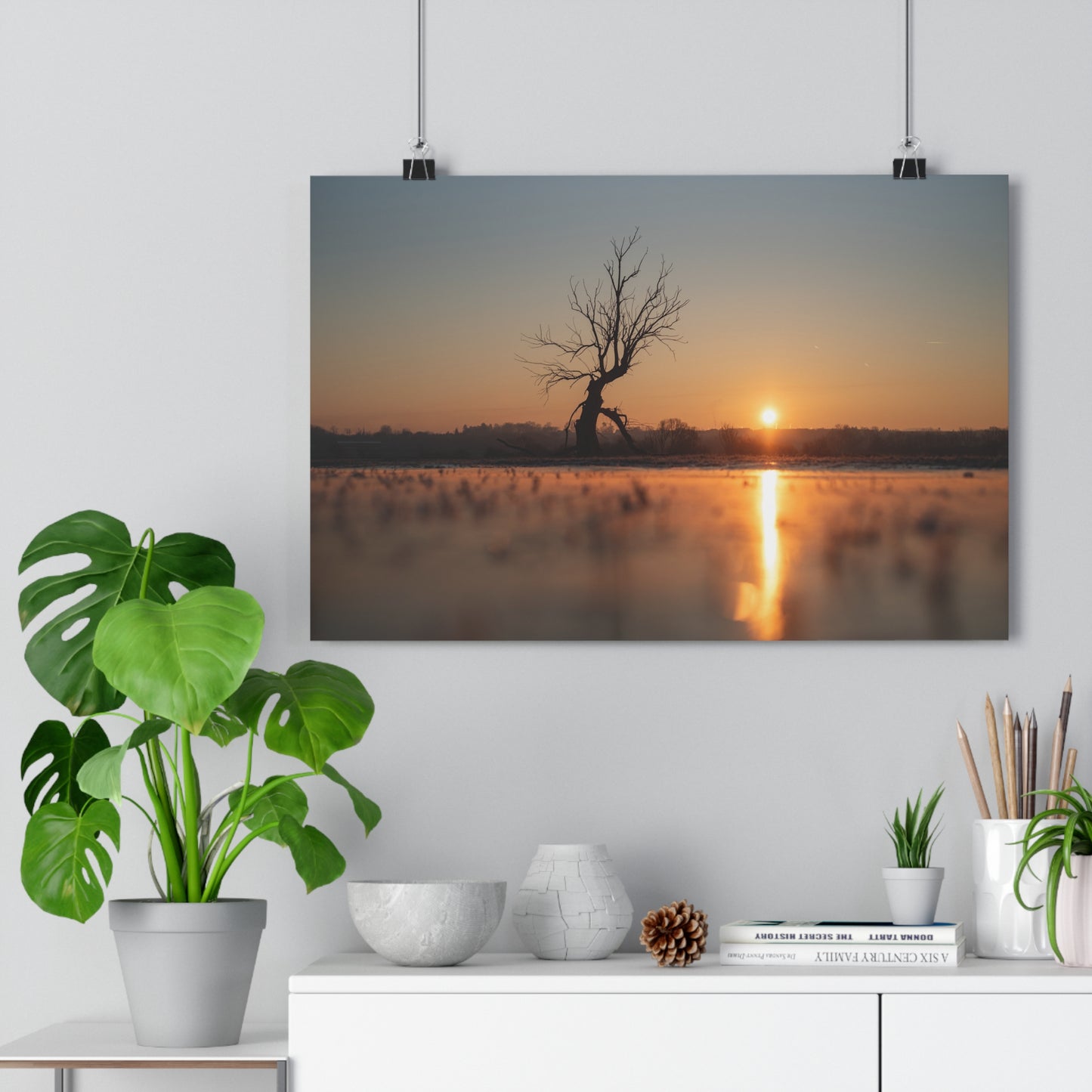 Giclée Art Print, Winter Sunset Tree Art, Last Ent Frozen Field Wall Decor, Nature Landscape Poster, Home Office Decor Print, Large Tree