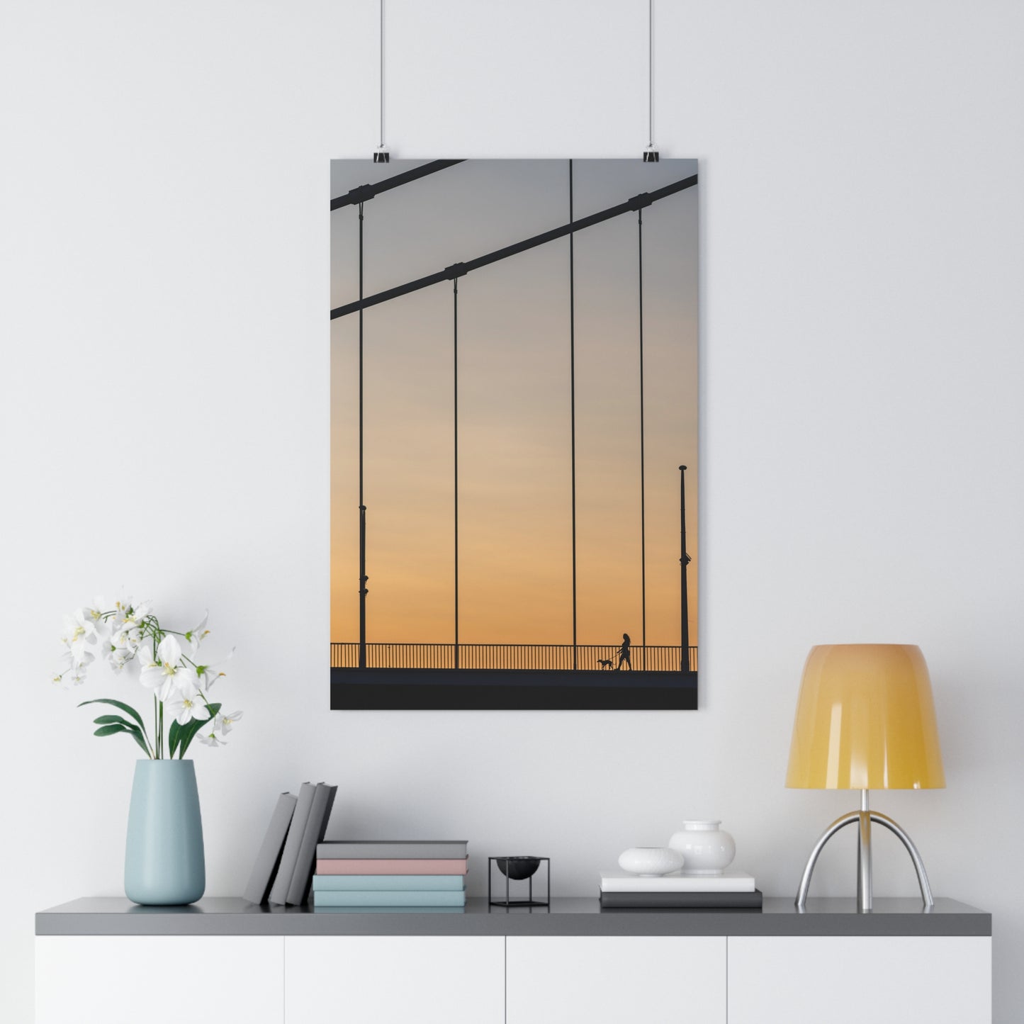 Art Print, Girl Walking Dog on Bridge at Sunset, Wall Decor, Home Decor, Modern Art, Gift for Her, Bedroom Decor, Office Decor