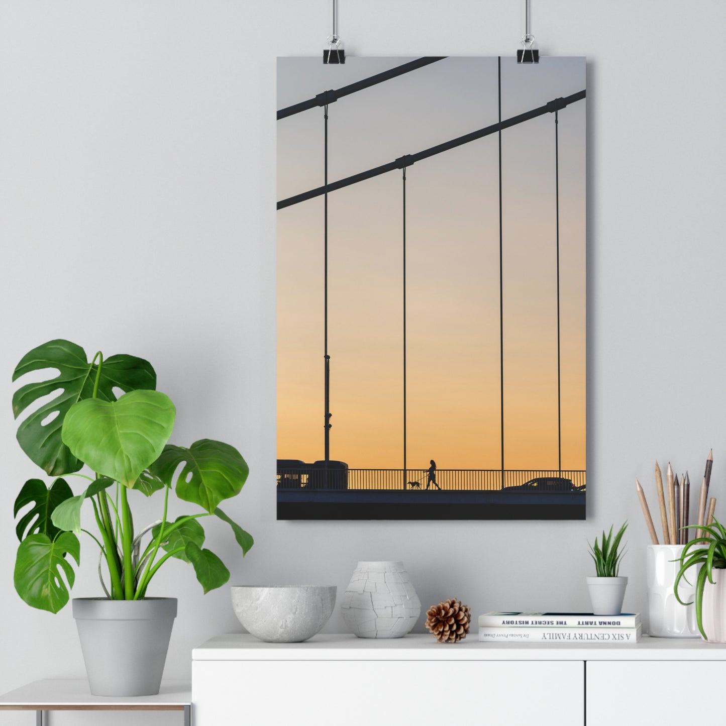 Art Print - Sunset Silhouette Girl Walking Dog on Bridge