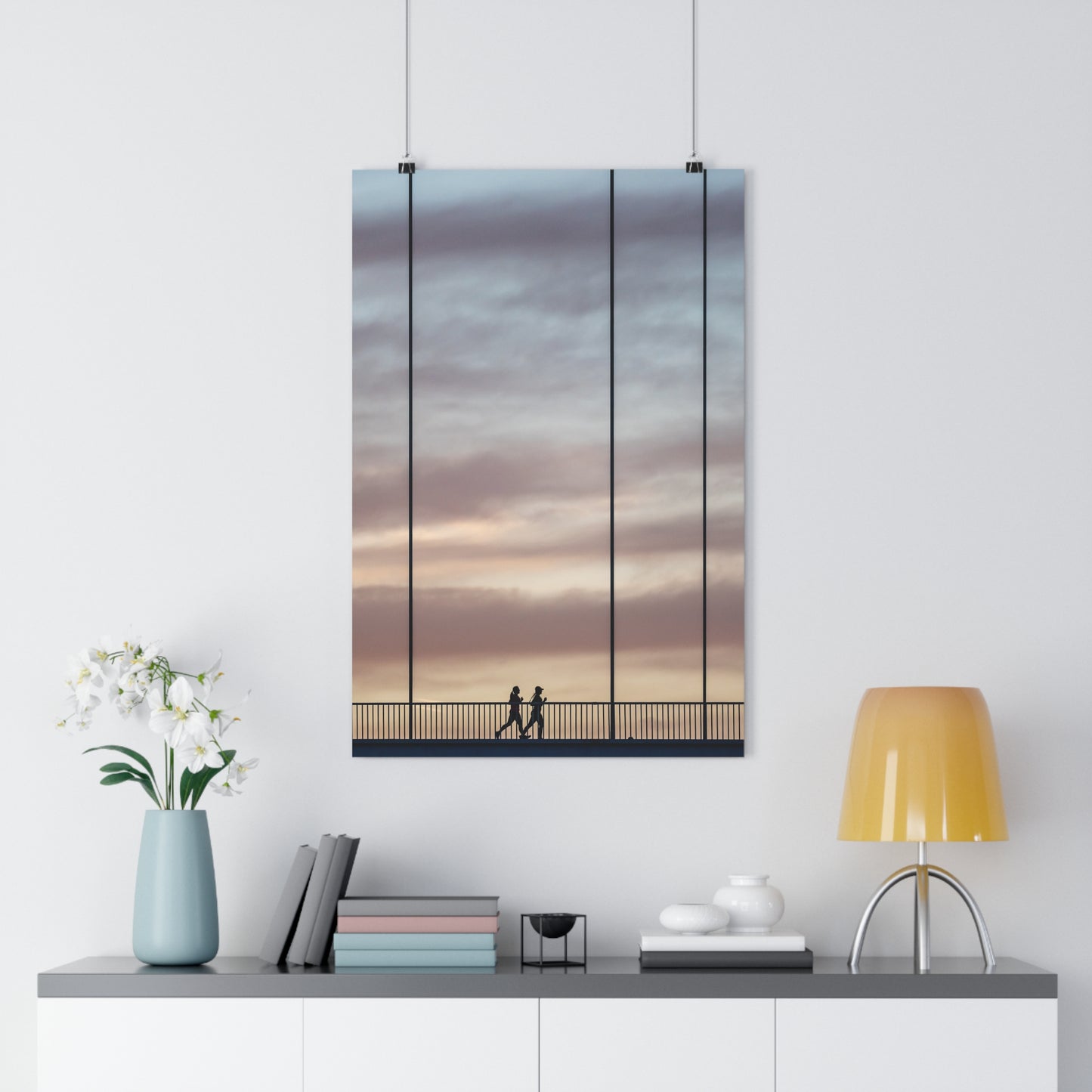 Art Print - Cloudy Sunset Two Girls Running on Bridge