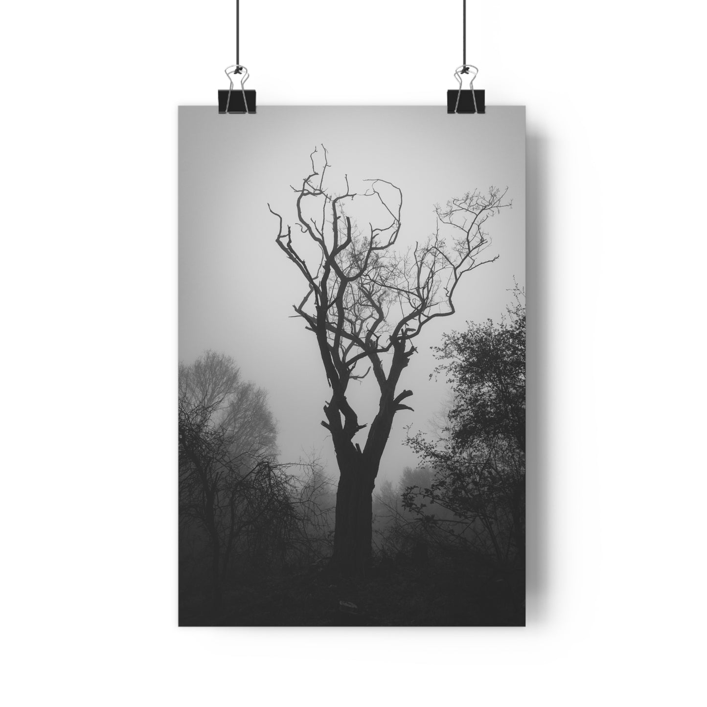 Giclée Art Print, Black and White Photo, Tree Silhouette Wall Decor, Foggy Weather Landscape, Nature Photography Poster, Home Office