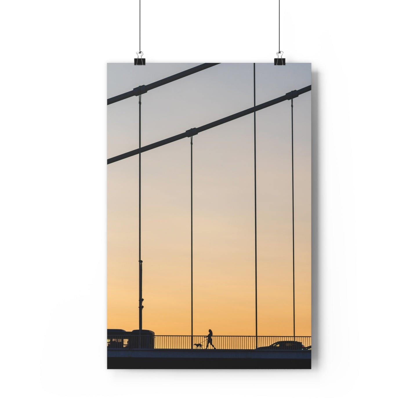 Art Print - Sunset Silhouette Girl Walking Dog on Bridge