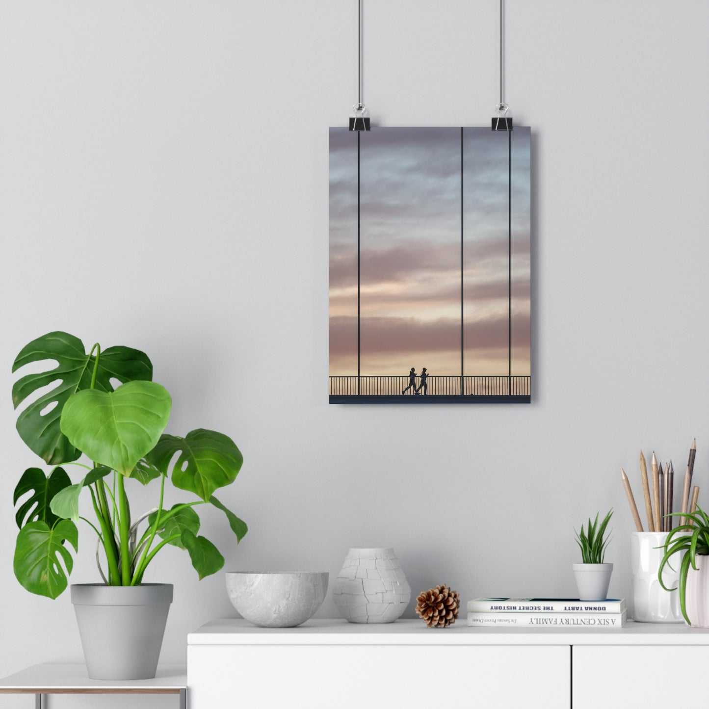 Art Print - Cloudy Sunset Two Girls Running on Bridge