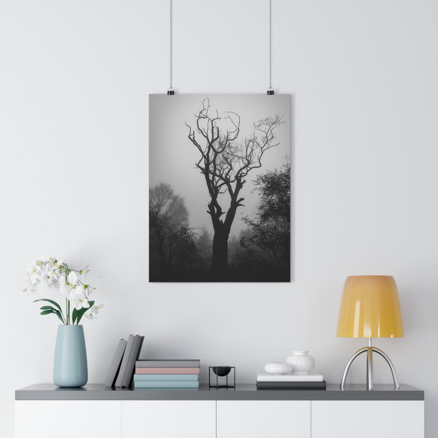 Giclée Art Print, Black and White Photo, Tree Silhouette Wall Decor, Foggy Weather Landscape, Nature Photography Poster, Home Office
