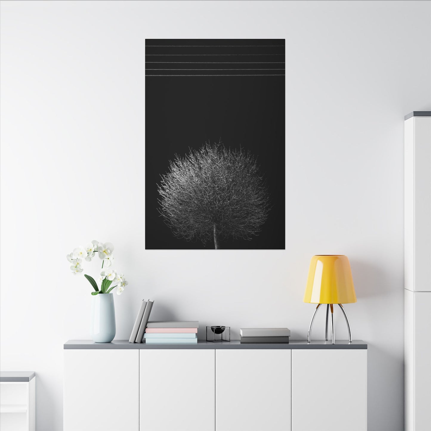 Seasons - winter - Minimalist Wall Art Print, Stretched Canvas Art, Monochrome Home Decor, Black and White Tree Artwork, Modern Living Room Design