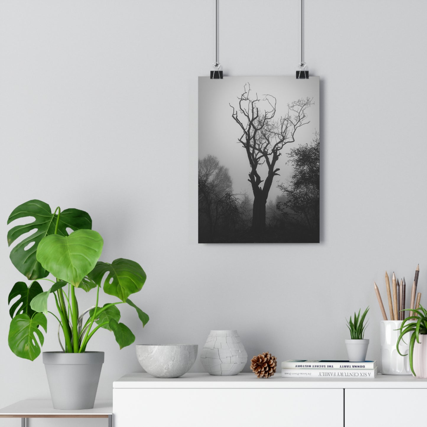 Giclée Art Print, Black and White Photo, Tree Silhouette Wall Decor, Foggy Weather Landscape, Nature Photography Poster, Home Office