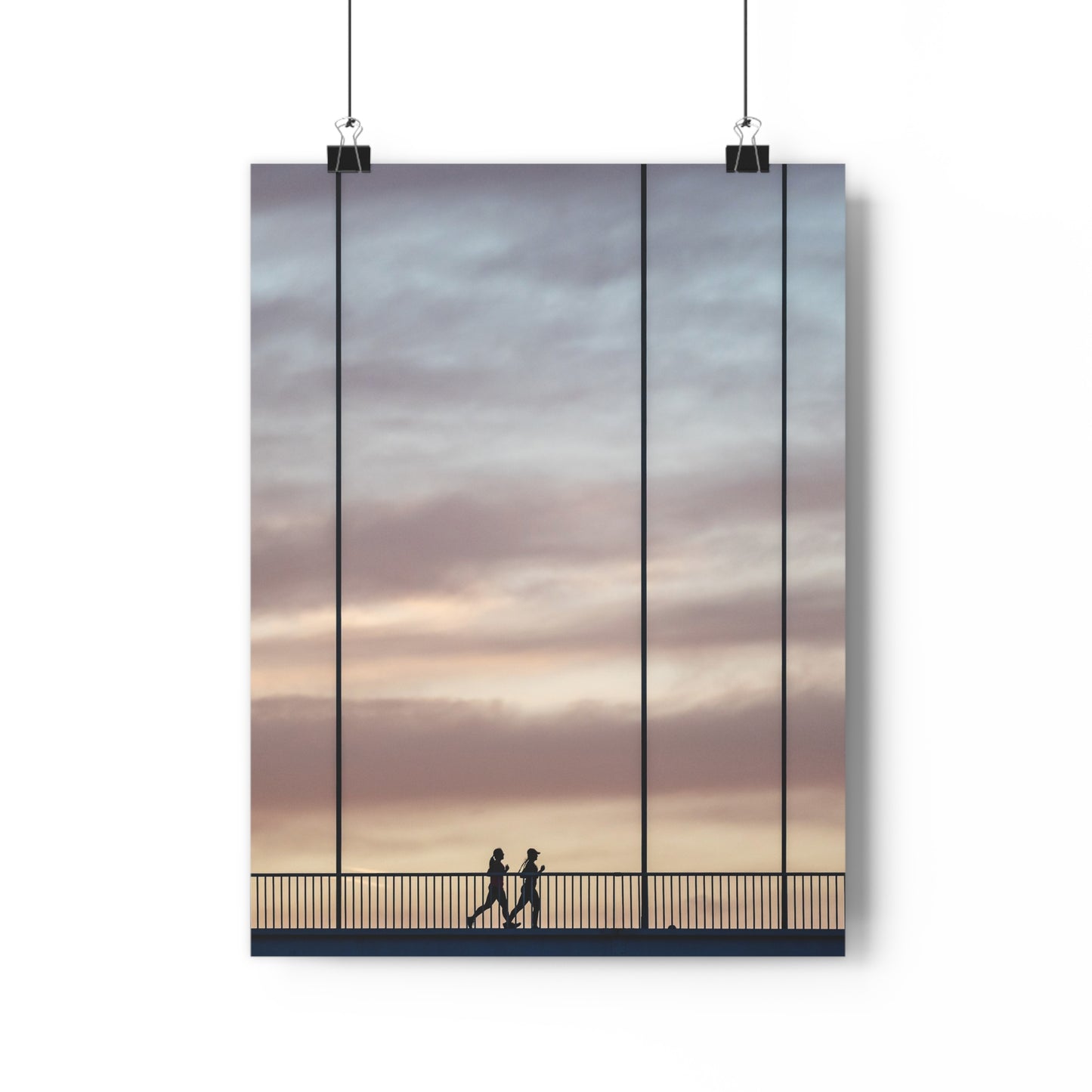 Art Print - Cloudy Sunset Two Girls Running on Bridge
