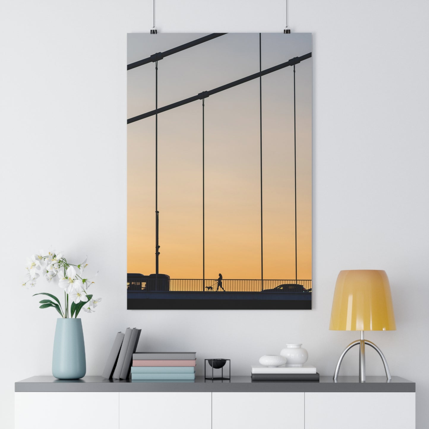 Art Print - Sunset Silhouette Girl Walking Dog on Bridge