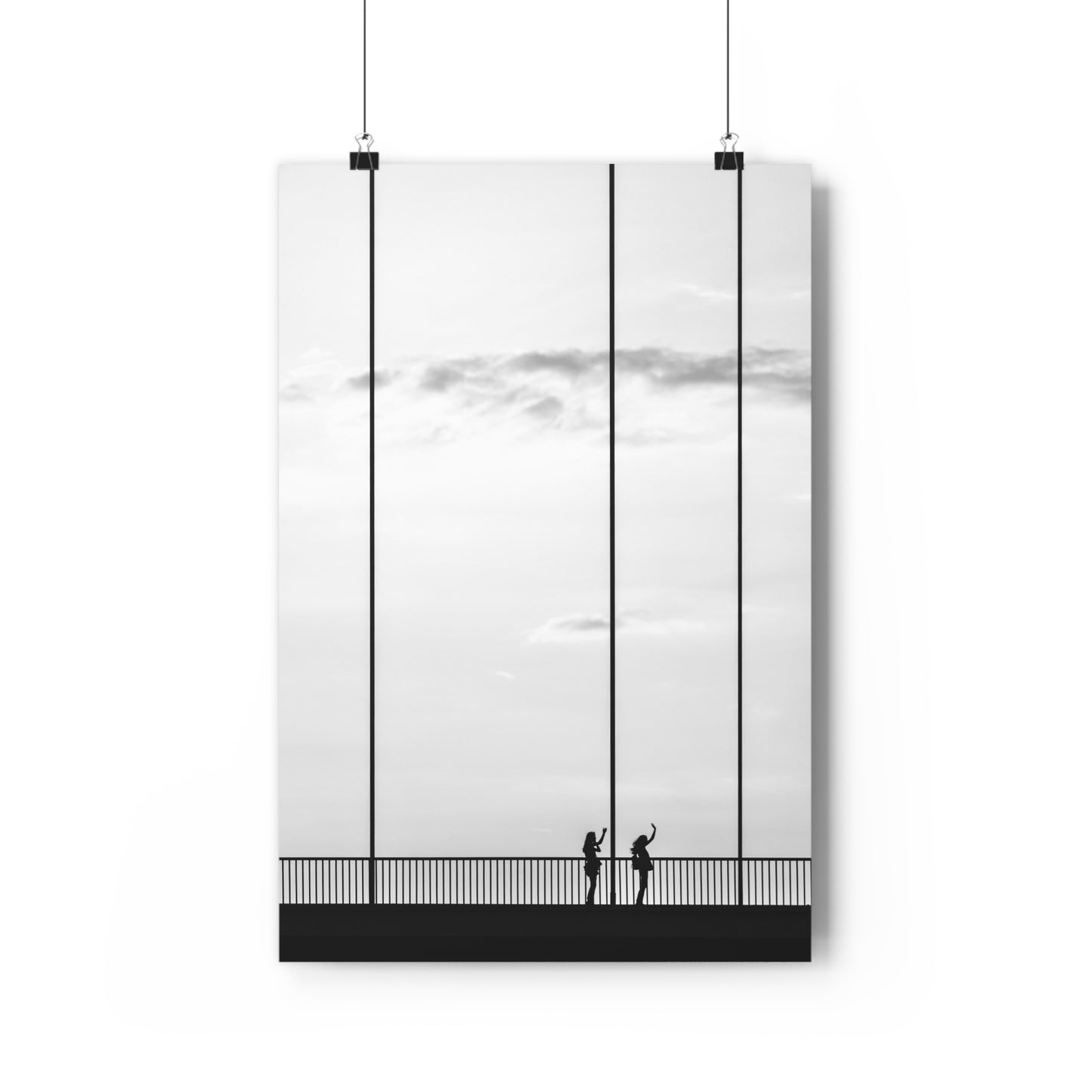 Art Print, Minimalist Photo Print, Girls Silhouettes Wall Art, Black and White Bridge Decor, Wave Silhouette Picture Poster, Home Office