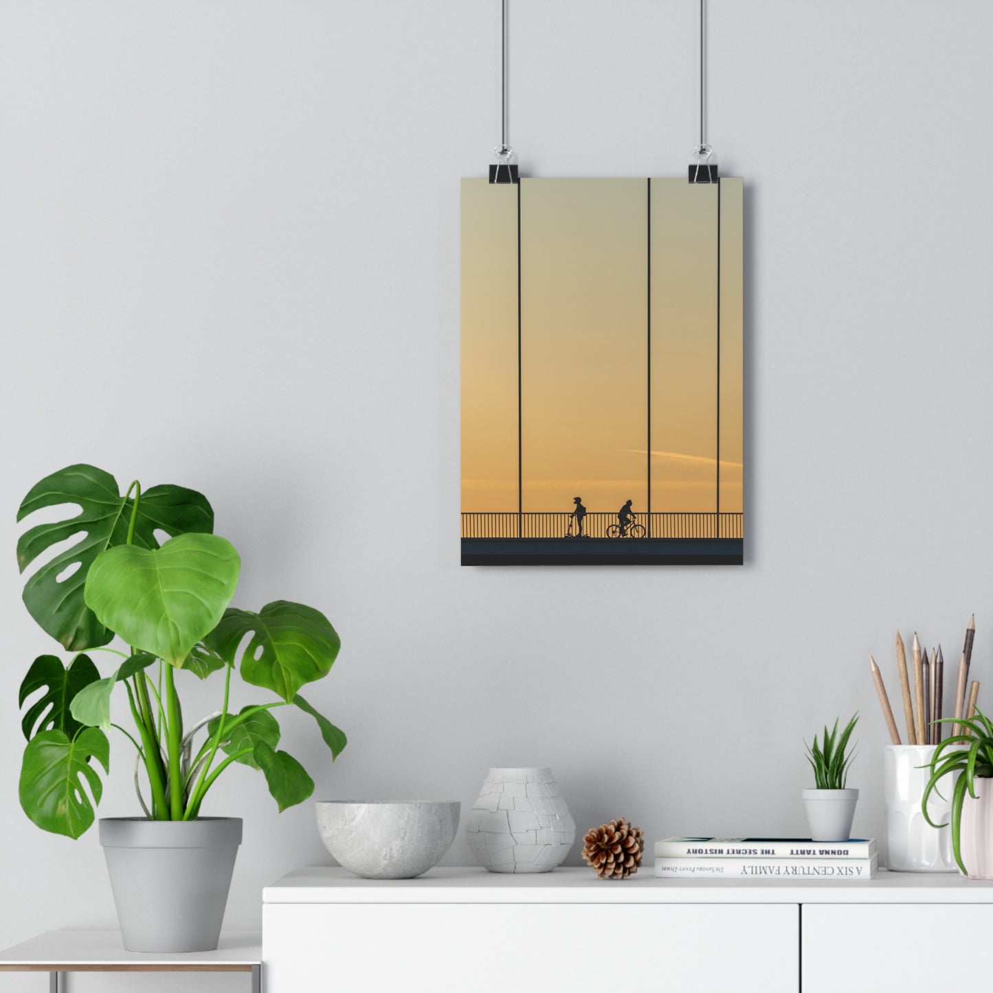 Art Print - Sunset Bridge with Scooter and Bicycle Silhouettes - "Different ways"