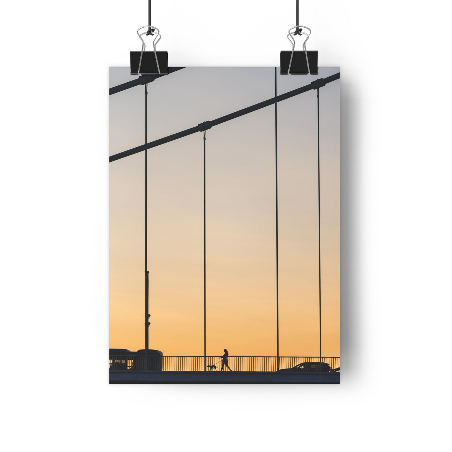 Art Print - Sunset Silhouette Girl Walking Dog on Bridge