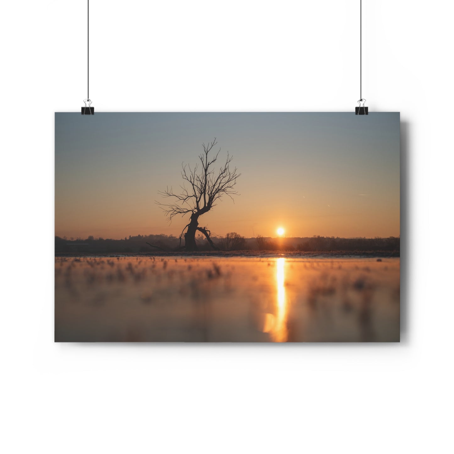 Giclée Art Print, Winter Sunset Tree Art, Last Ent Frozen Field Wall Decor, Nature Landscape Poster, Home Office Decor Print, Large Tree