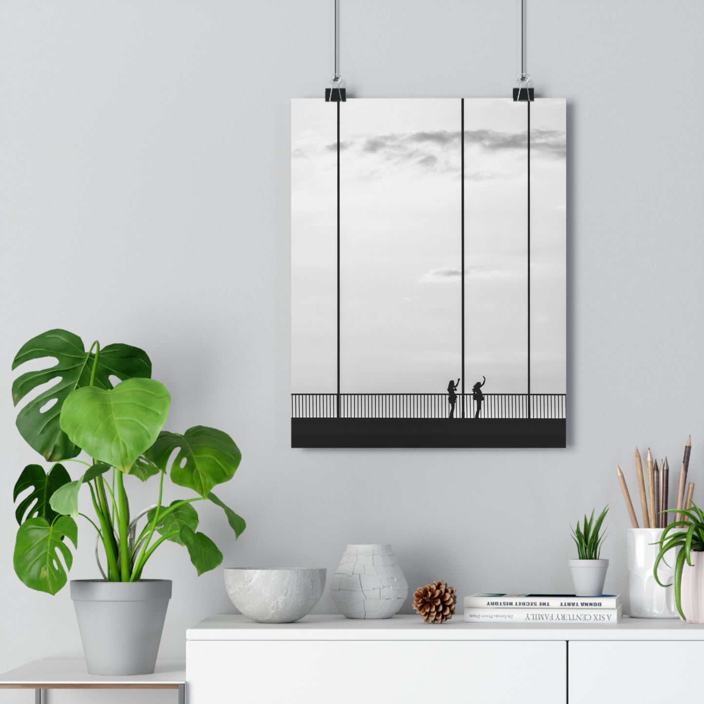 Art Print, Minimalist Photo Print, Girls Silhouettes Wall Art, Black and White Bridge Decor, Wave Silhouette Picture Poster, Home Office