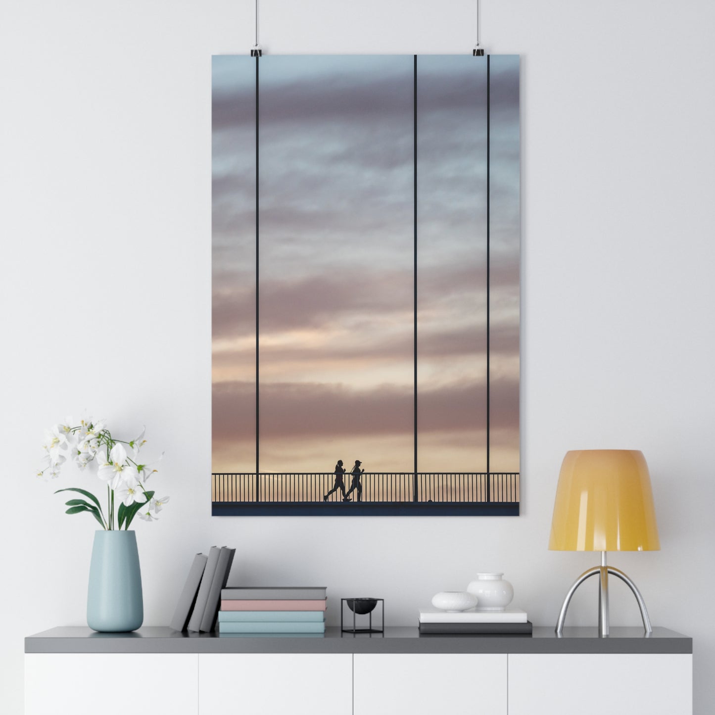 Art Print - Cloudy Sunset Two Girls Running on Bridge