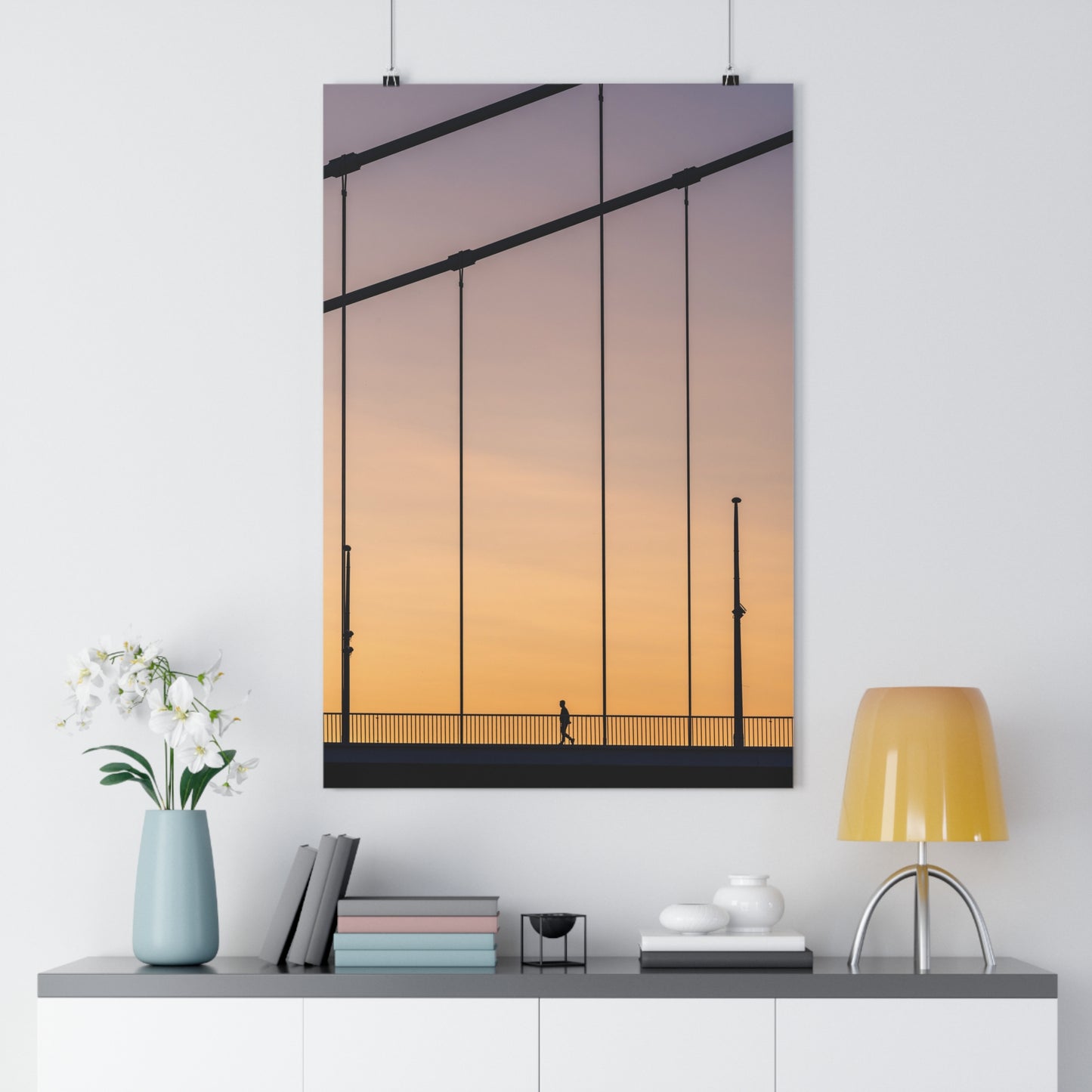 Art Print - Man Walking Alone on Bridge at Sunset