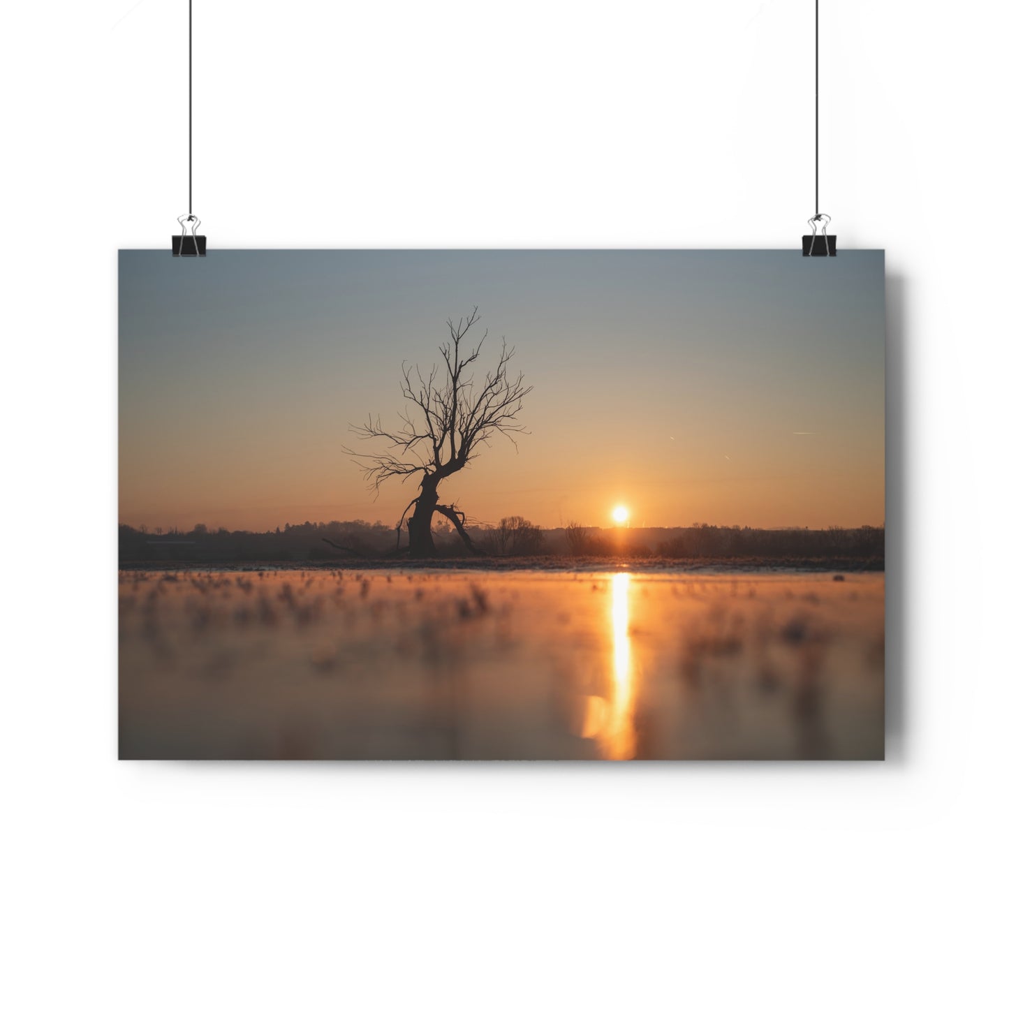 Giclée Art Print, Winter Sunset Tree Art, Last Ent Frozen Field Wall Decor, Nature Landscape Poster, Home Office Decor Print, Large Tree