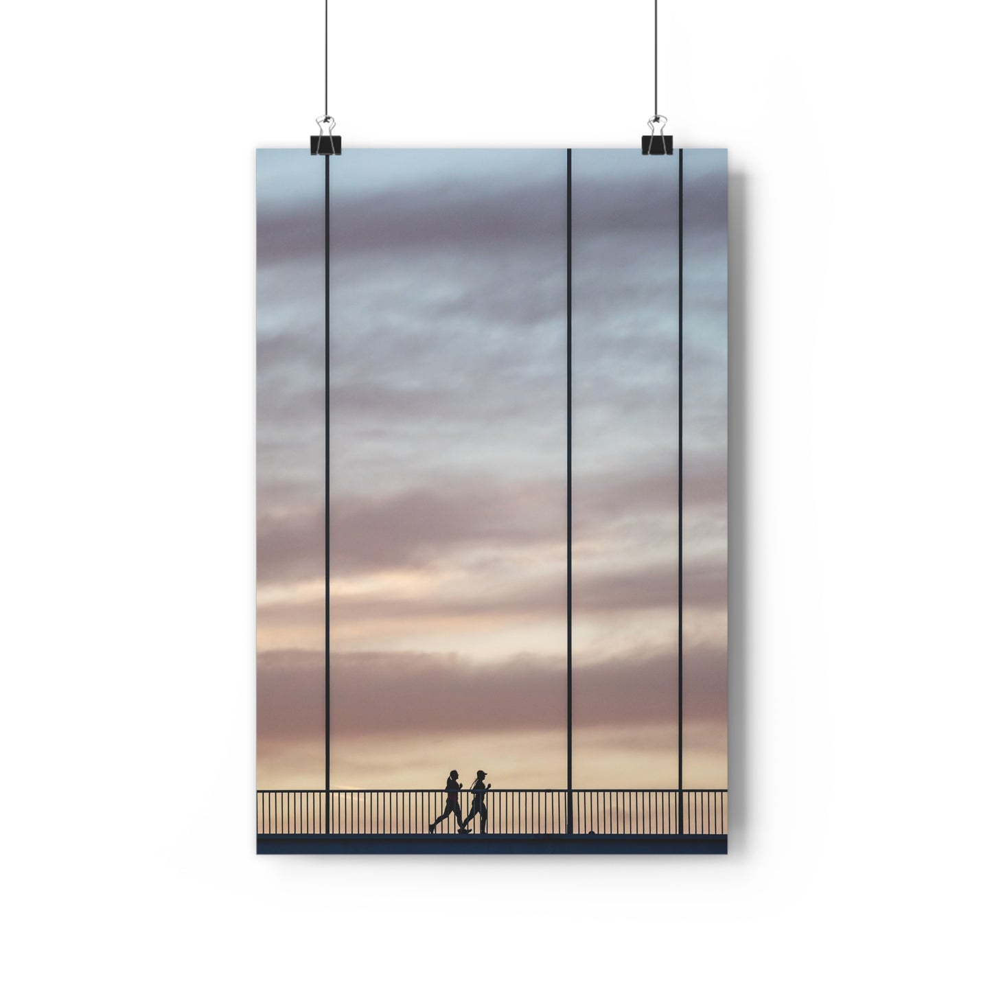 Art Print - Cloudy Sunset Two Girls Running on Bridge