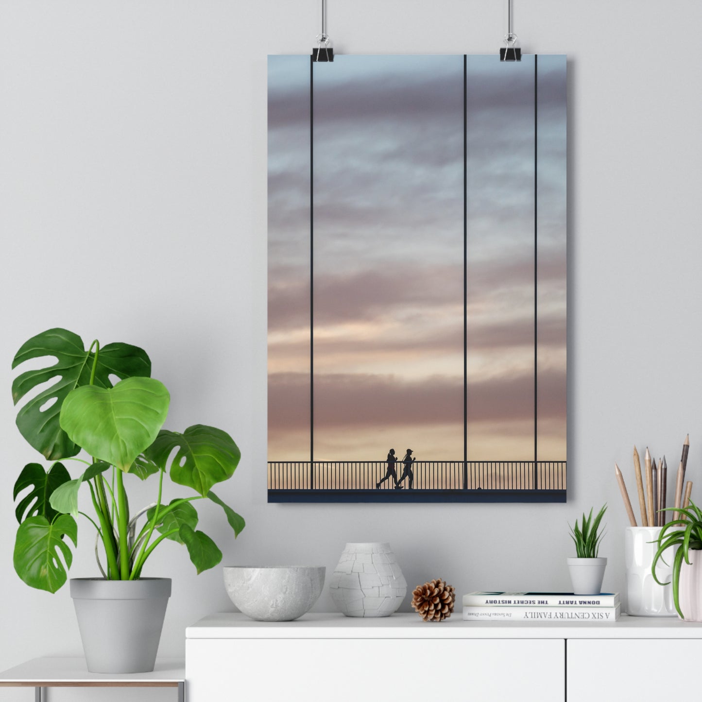 Art Print - Cloudy Sunset Two Girls Running on Bridge