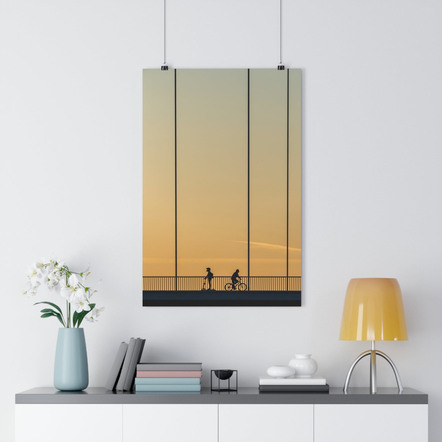 Art Print - Sunset Bridge with Scooter and Bicycle Silhouettes - "Different ways"