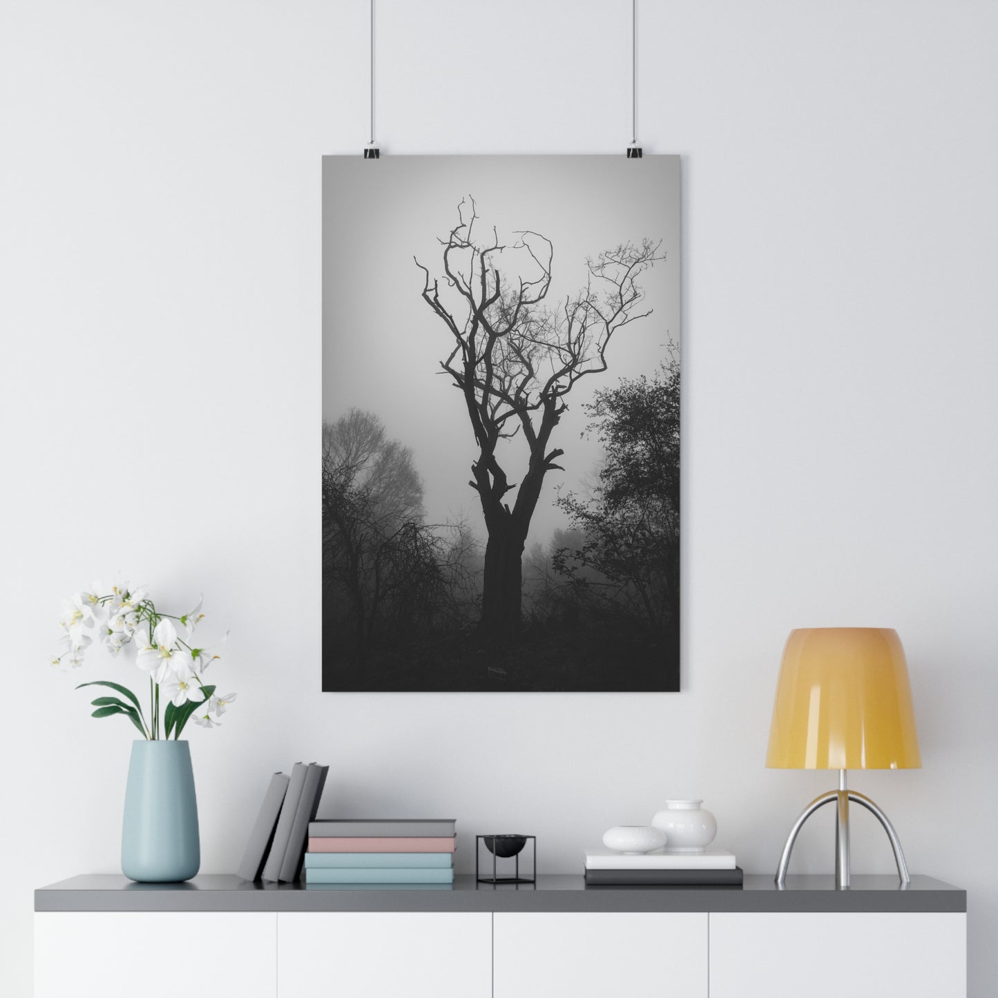 Giclée Art Print, Black and White Photo, Tree Silhouette Wall Decor, Foggy Weather Landscape, Nature Photography Poster, Home Office