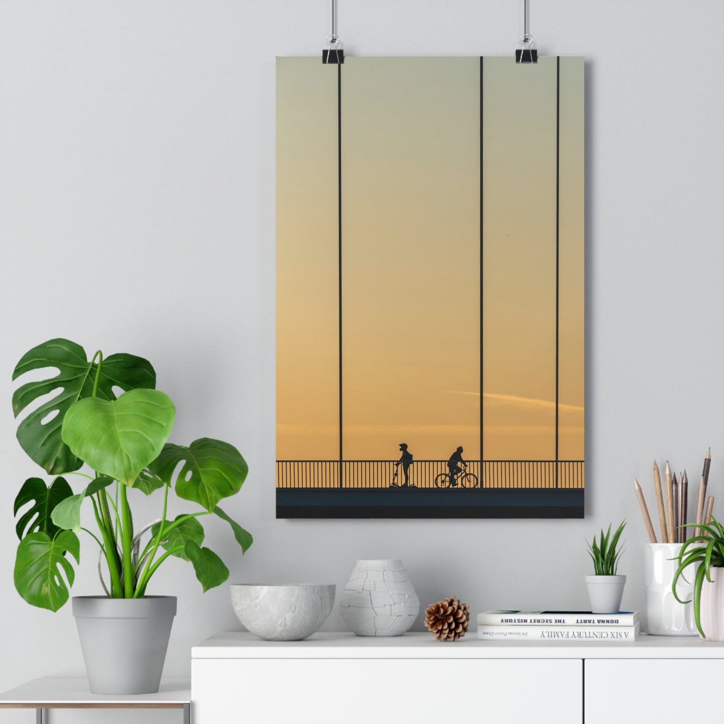 Art Print - Sunset Bridge with Scooter and Bicycle Silhouettes - "Different ways"