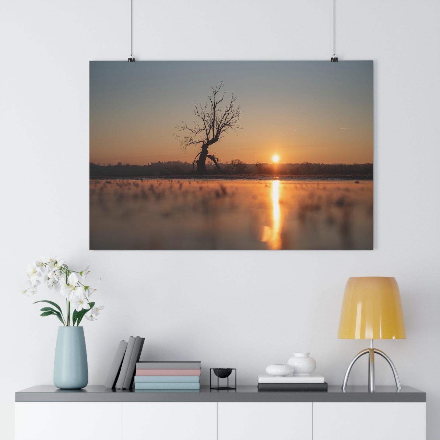 Giclée Art Print, Winter Sunset Tree Art, Last Ent Frozen Field Wall Decor, Nature Landscape Poster, Home Office Decor Print, Large Tree