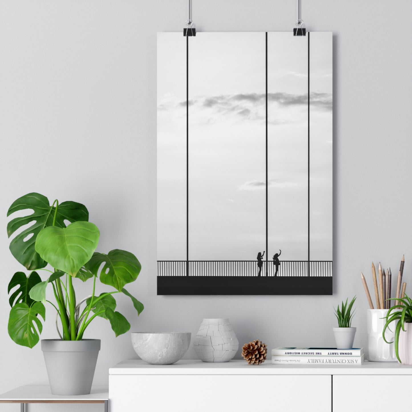 Art Print, Minimalist Photo Print, Girls Silhouettes Wall Art, Black and White Bridge Decor, Wave Silhouette Picture Poster, Home Office