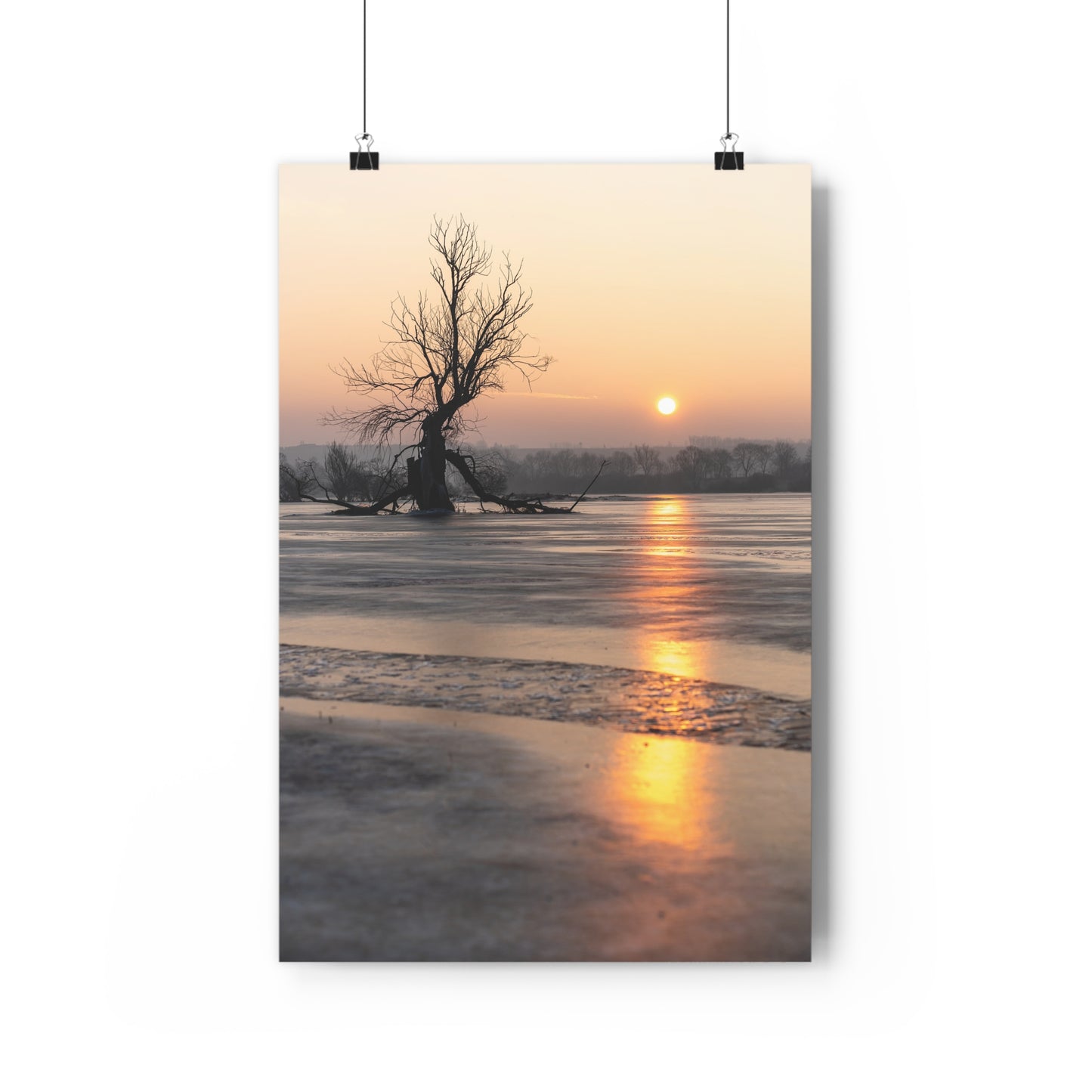 Giclée Art Print, Winter Sunset Tree Art, Last Ent Frozen Field Wall Decor, Nature Landscape Poster, Home Office Decor Print, Large Tree