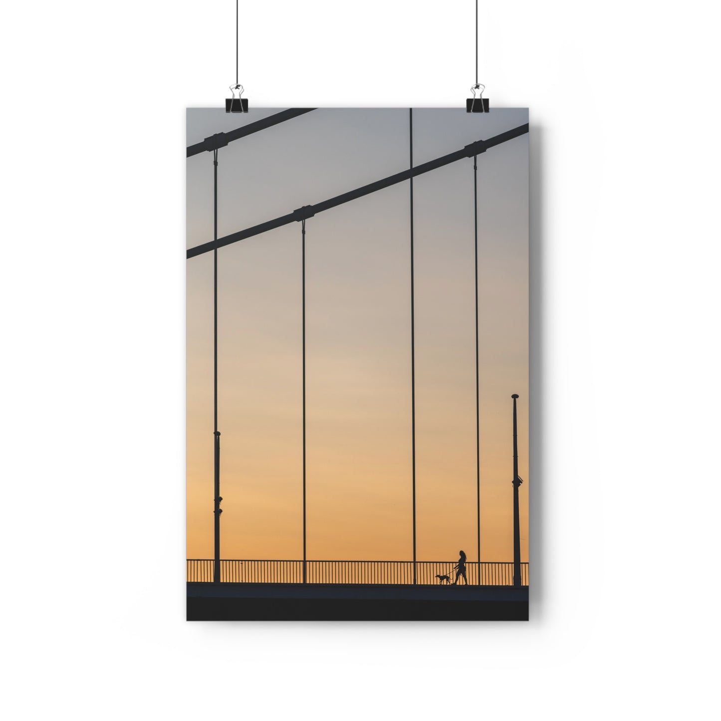 Art Print, Girl Walking Dog on Bridge at Sunset, Wall Decor, Home Decor, Modern Art, Gift for Her, Bedroom Decor, Office Decor