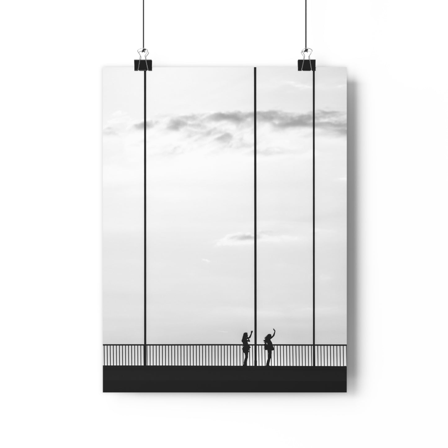 Art Print, Minimalist Photo Print, Girls Silhouettes Wall Art, Black and White Bridge Decor, Wave Silhouette Picture Poster, Home Office
