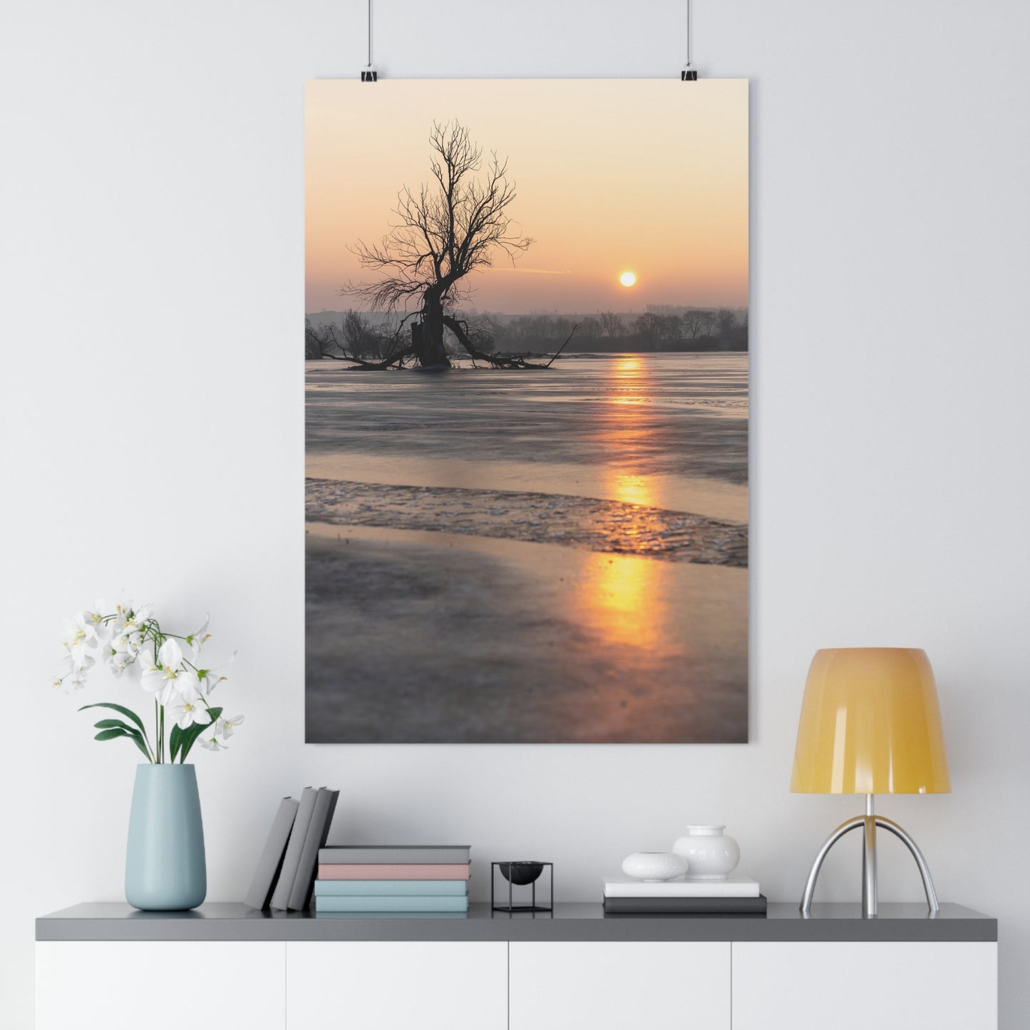 Giclée Art Print, Winter Sunset Tree Art, Last Ent Frozen Field Wall Decor, Nature Landscape Poster, Home Office Decor Print, Large Tree