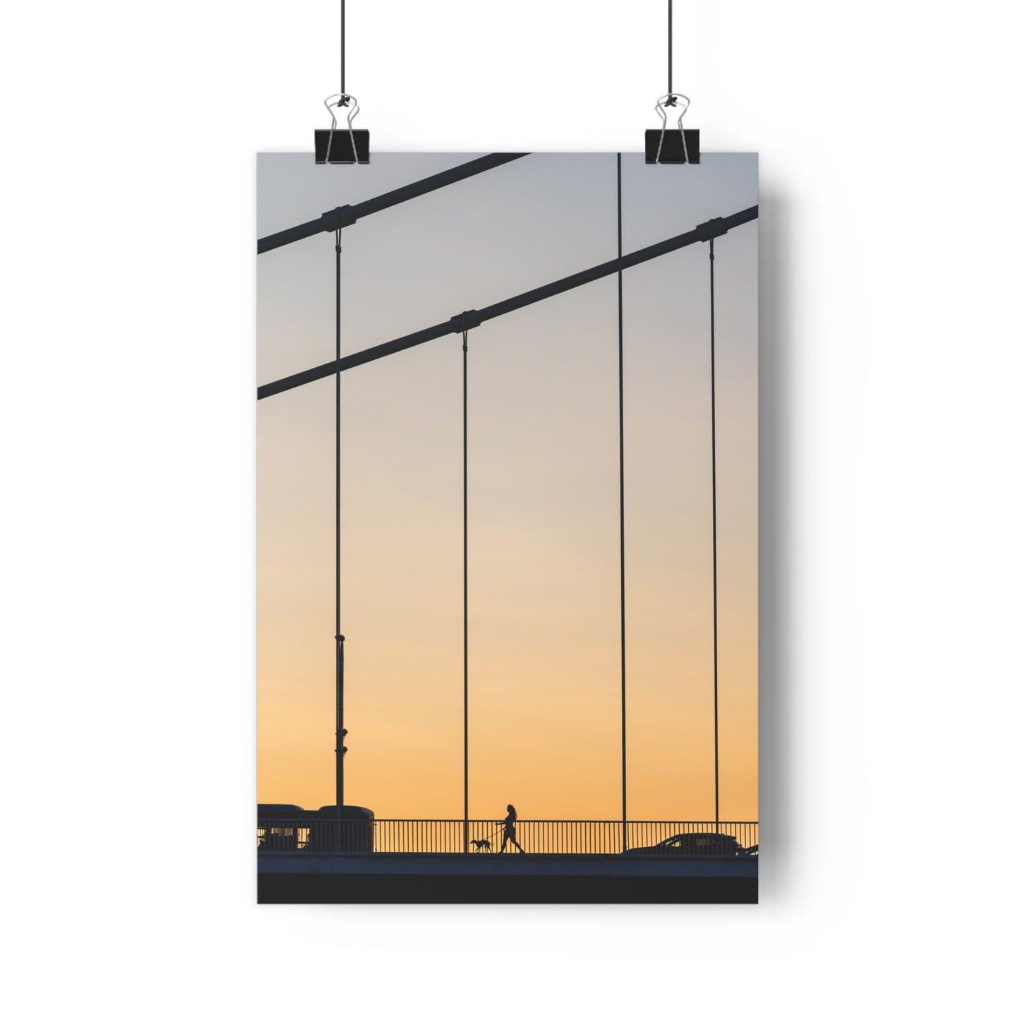 Art Print - Sunset Silhouette Girl Walking Dog on Bridge