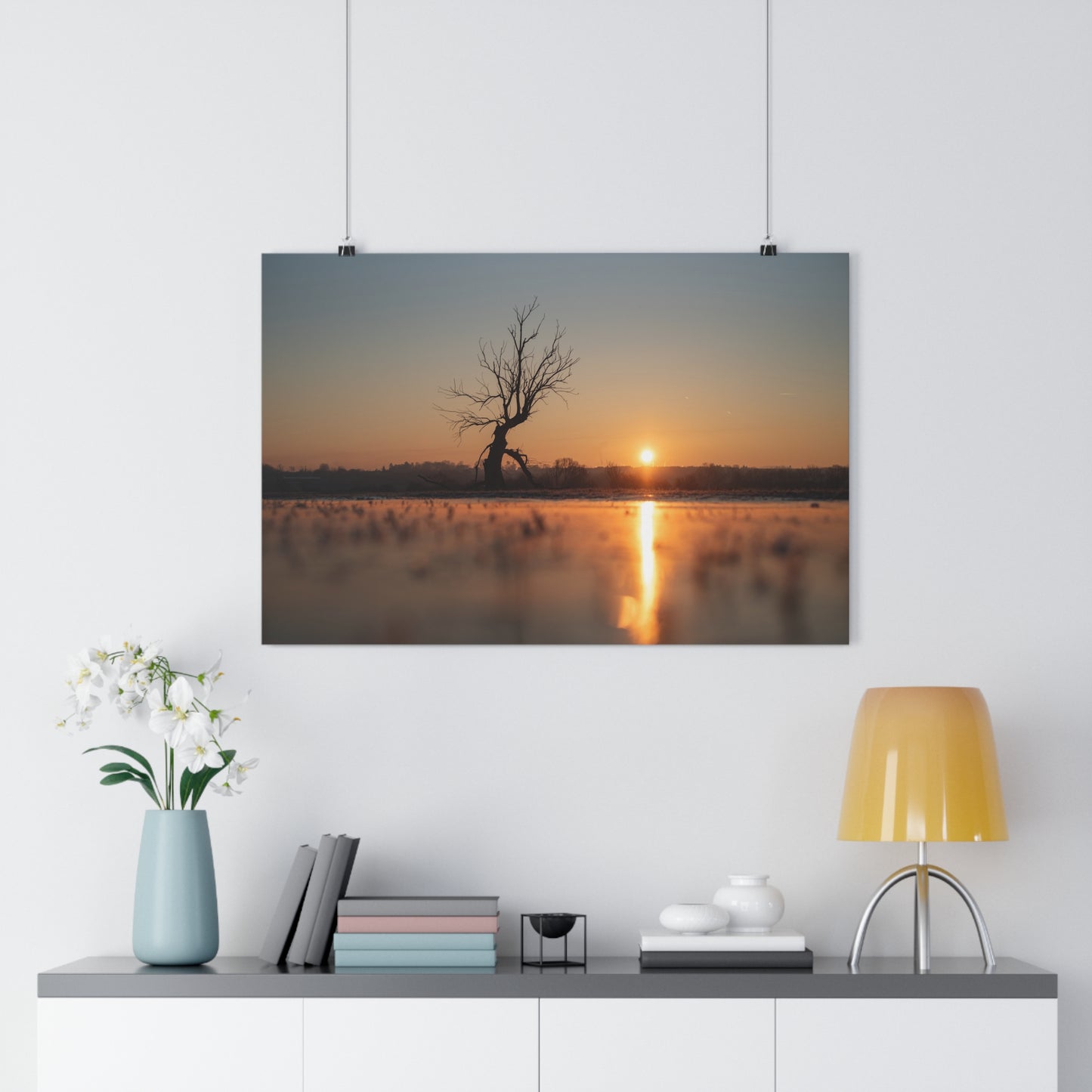 Giclée Art Print, Winter Sunset Tree Art, Last Ent Frozen Field Wall Decor, Nature Landscape Poster, Home Office Decor Print, Large Tree