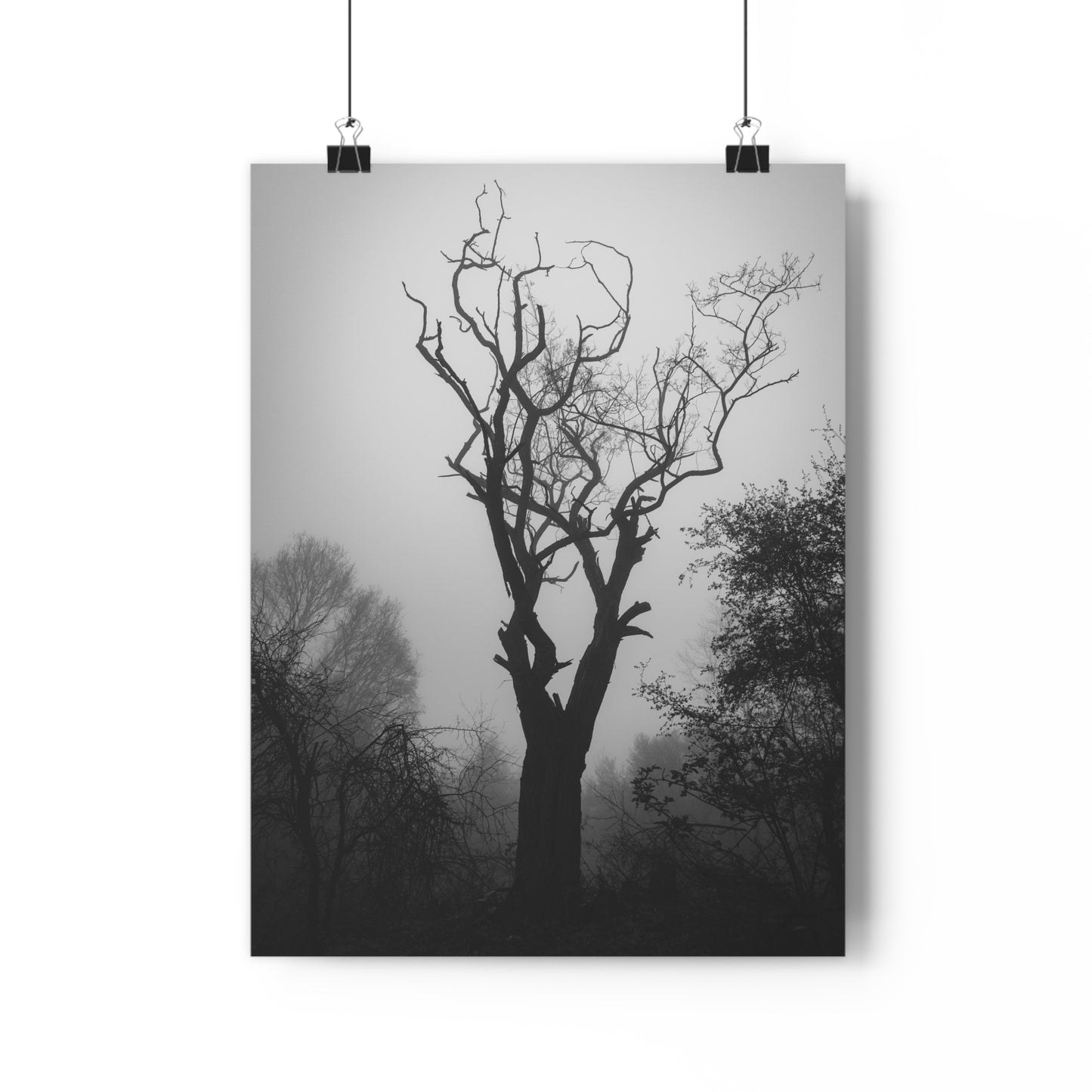 Giclée Art Print, Black and White Photo, Tree Silhouette Wall Decor, Foggy Weather Landscape, Nature Photography Poster, Home Office