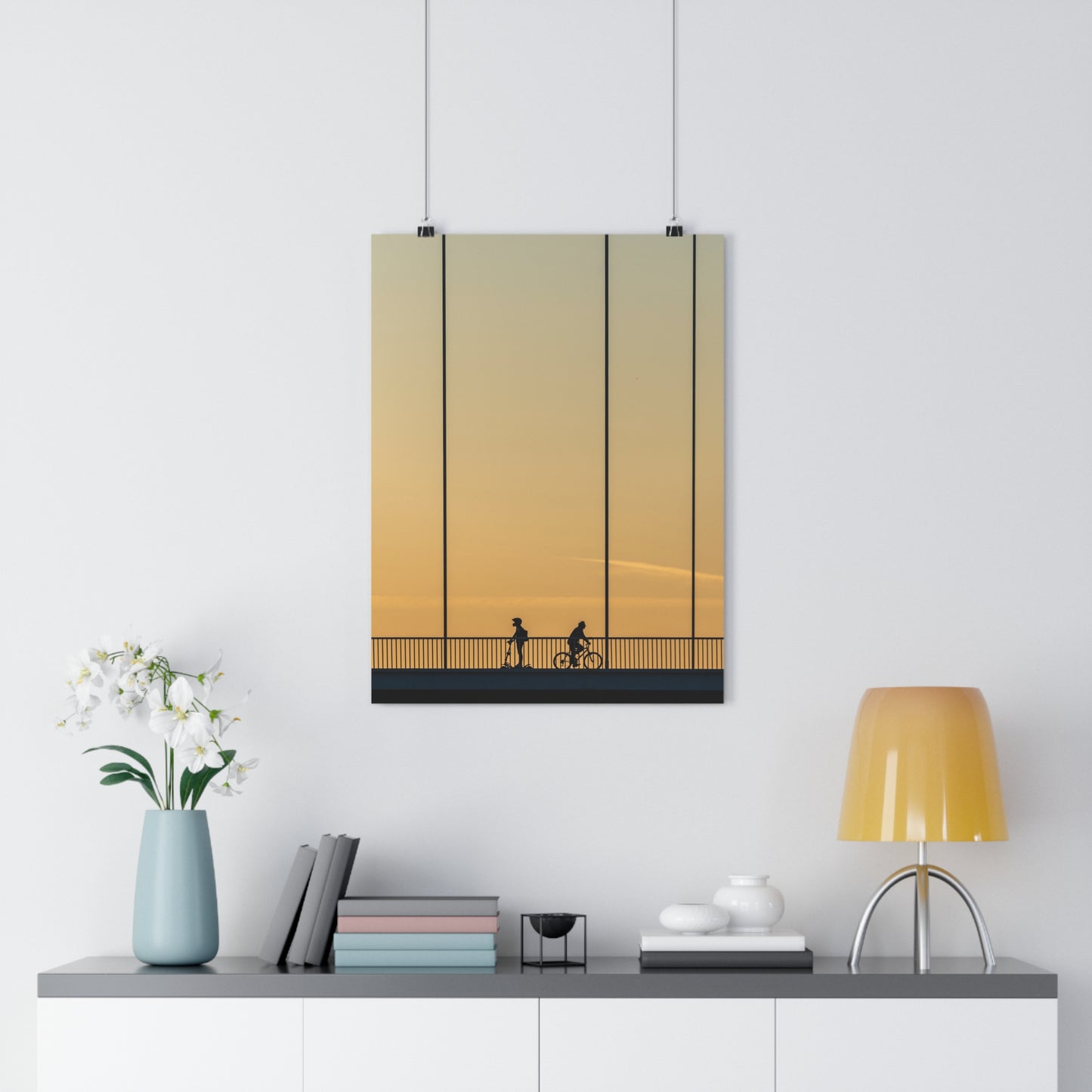 Art Print - Sunset Bridge with Scooter and Bicycle Silhouettes - "Different ways"