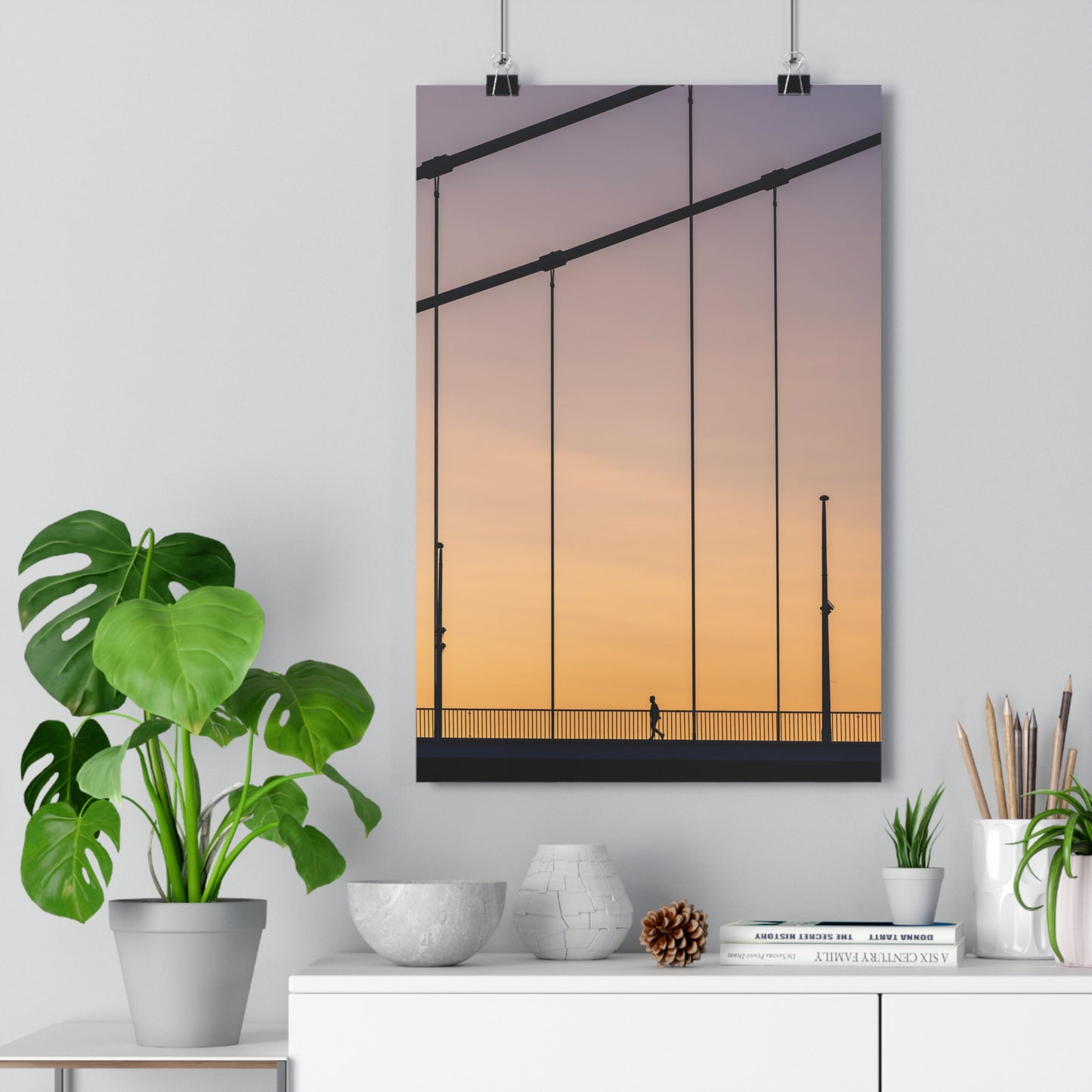 Art Print - Man Walking Alone on Bridge at Sunset