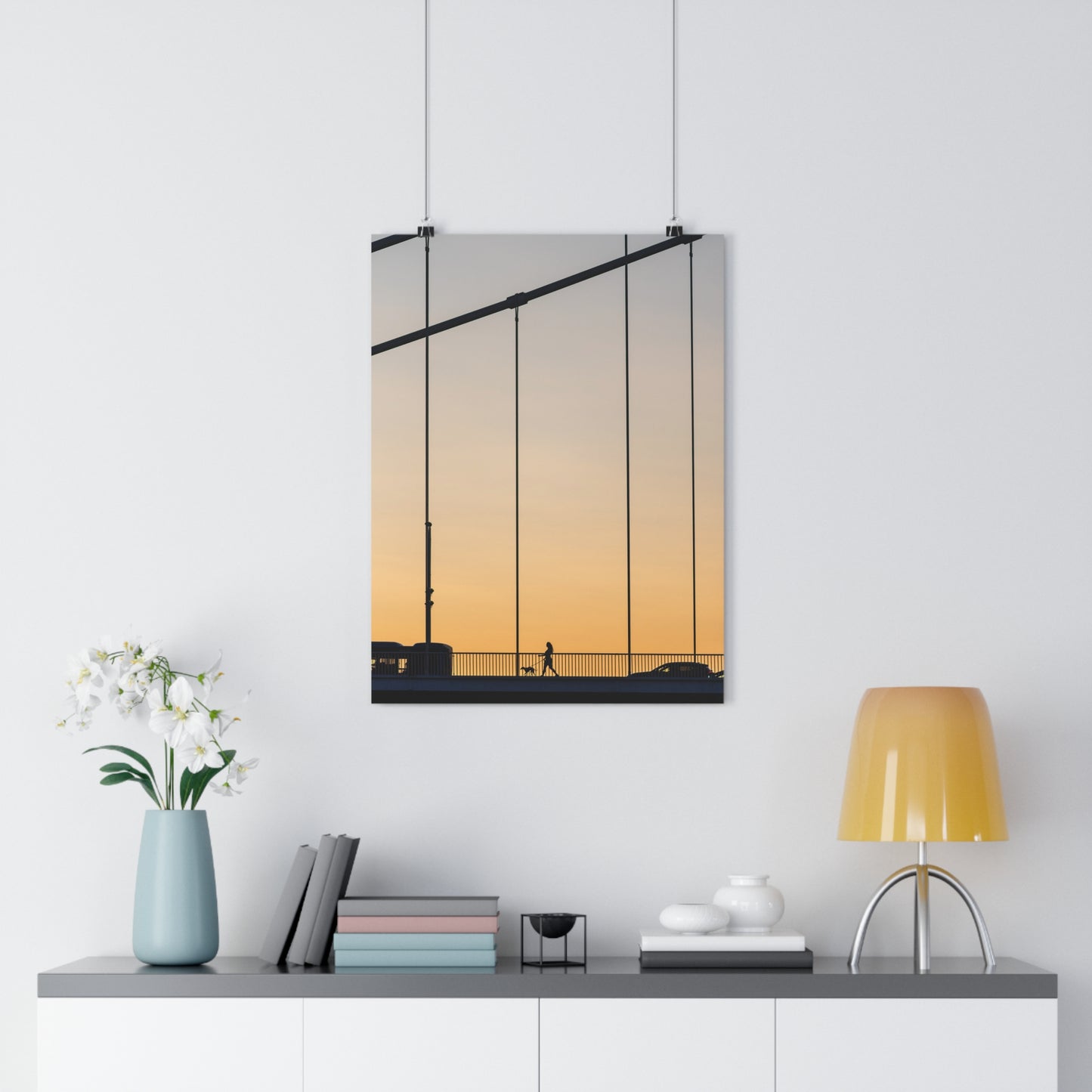 Art Print - Sunset Silhouette Girl Walking Dog on Bridge