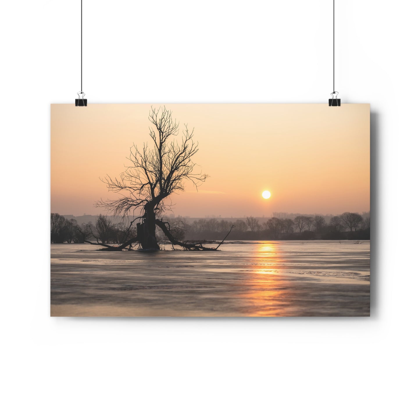 Giclée Art Print, Winter Sunset Tree Art, Last Ent Frozen Field Wall Decor, Nature Landscape Poster, Home Office Decor Print, Large Tree