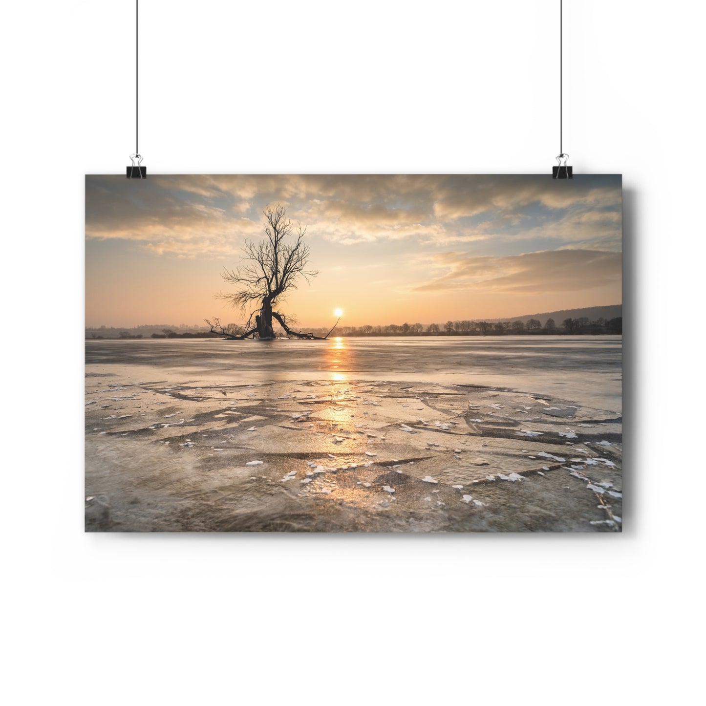Giclée Art Print, Winter Sunset Tree Art, Last Ent Frozen Field Wall Decor, Nature Landscape Poster, Home Office Decor Print, Large Tree