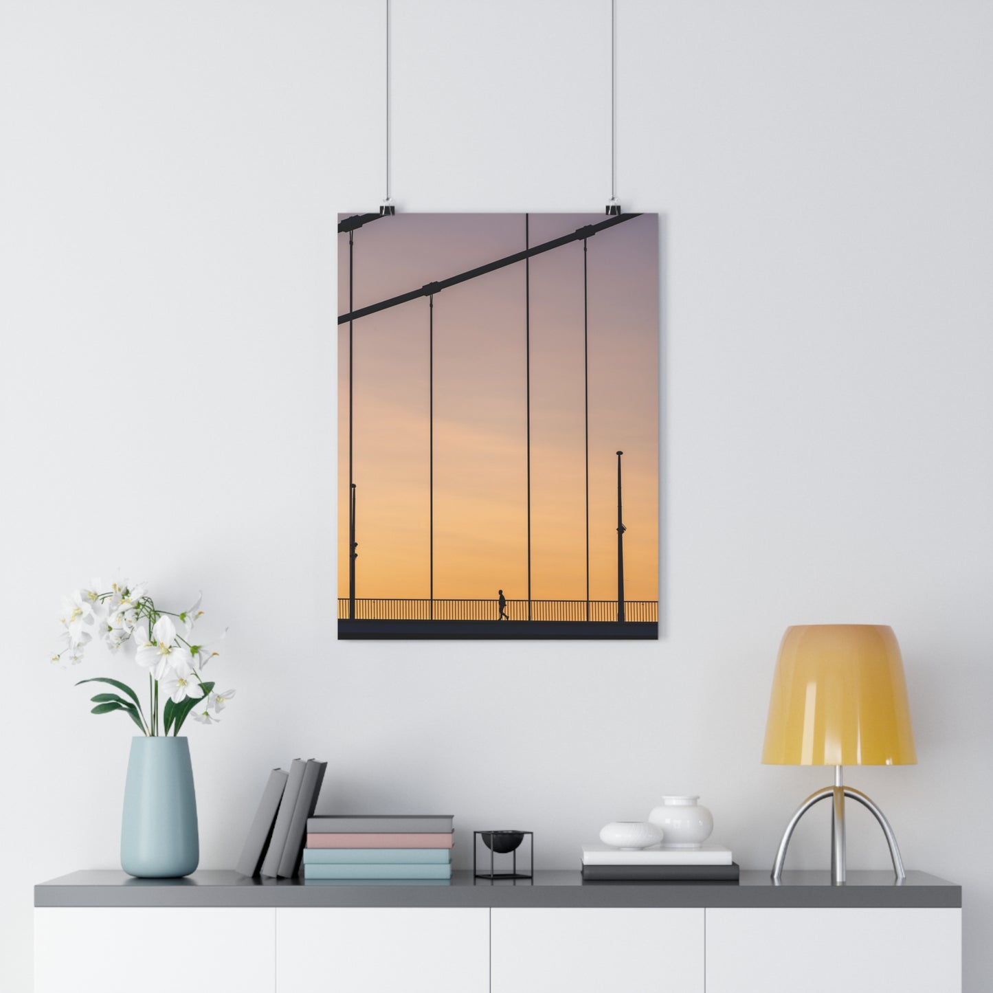 Art Print - Man Walking Alone on Bridge at Sunset