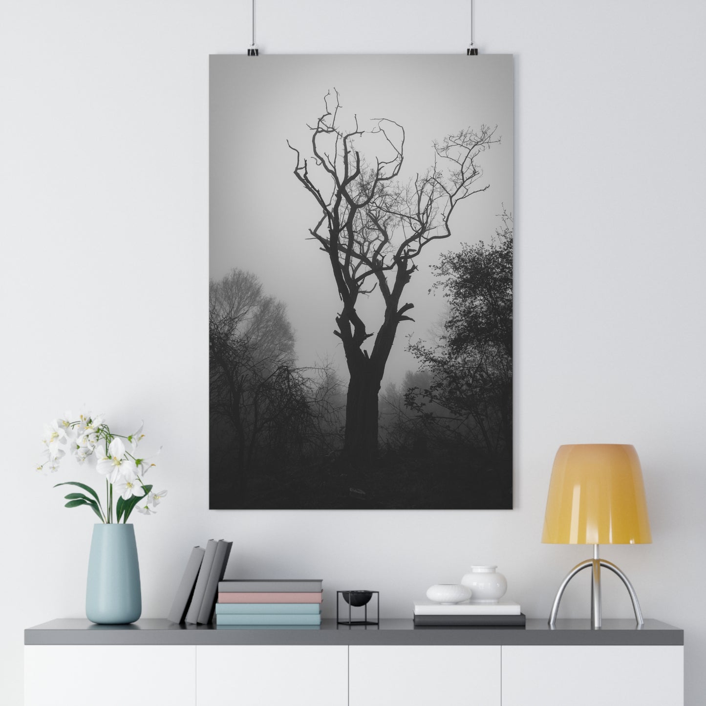 Giclée Art Print, Black and White Photo, Tree Silhouette Wall Decor, Foggy Weather Landscape, Nature Photography Poster, Home Office