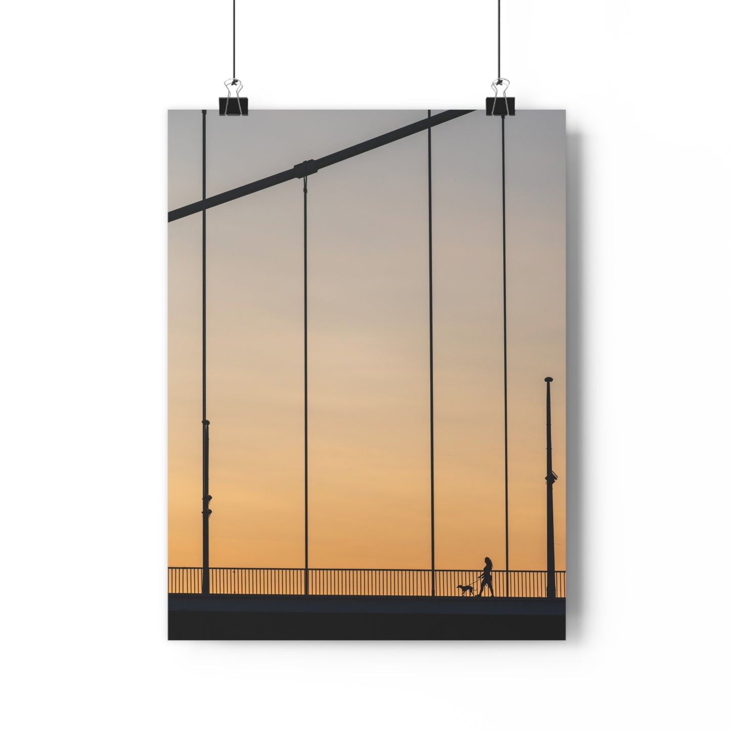 Art Print, Girl Walking Dog on Bridge at Sunset, Wall Decor, Home Decor, Modern Art, Gift for Her, Bedroom Decor, Office Decor